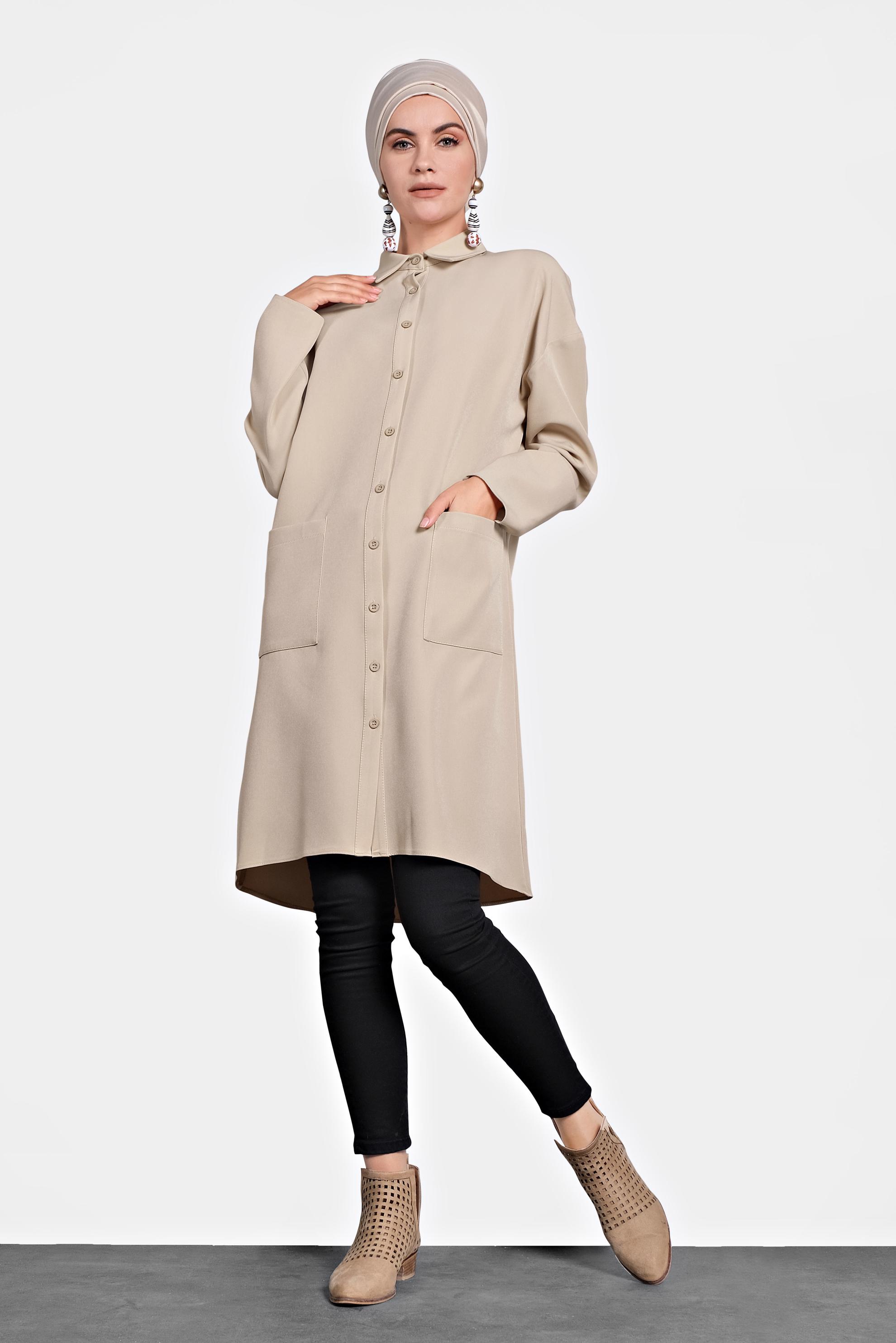 Tesettür giyim BEJ BASKILI DÜĞMELİ TUNİK 40113 