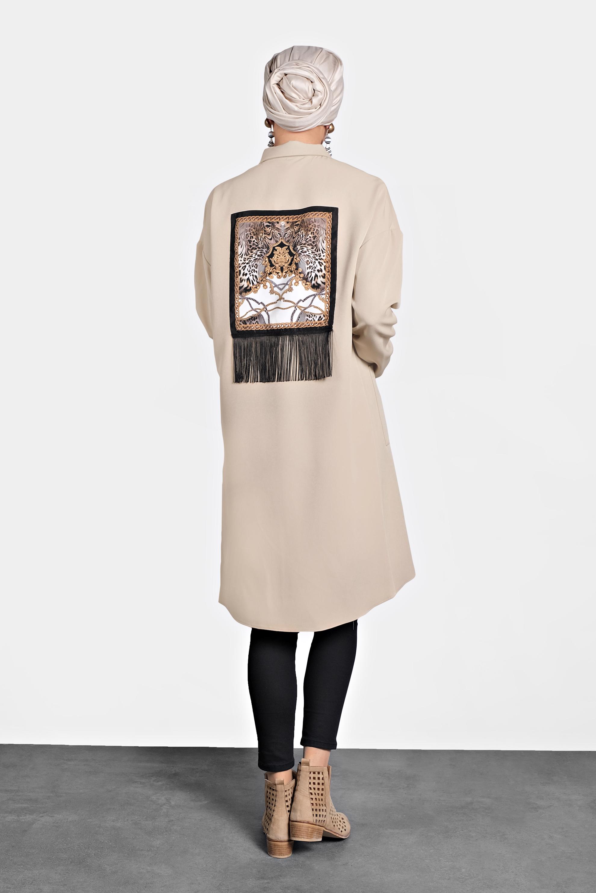 Tesettür giyim BEJ BASKILI DÜĞMELİ TUNİK 40113 