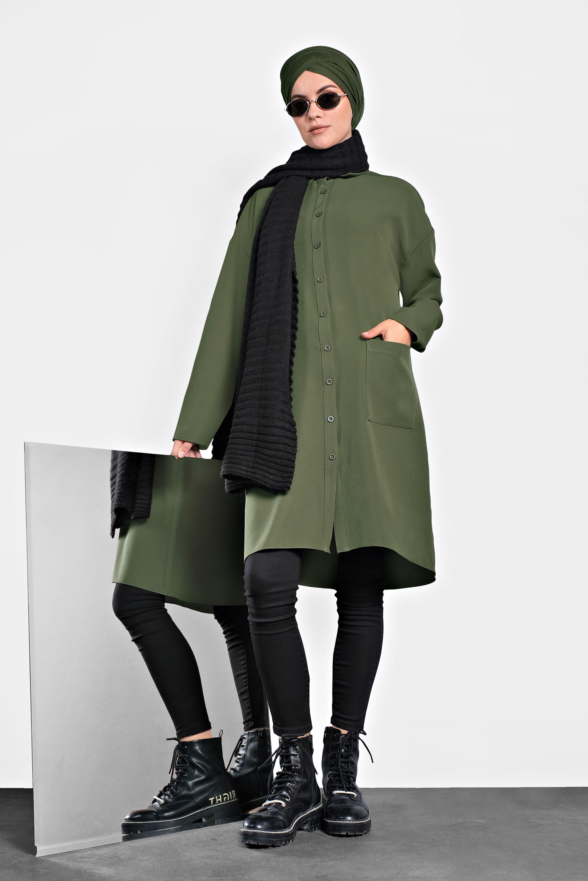 Tesettür giyim HAKİ BASKILI DÜĞMELİ TUNİK 40113 