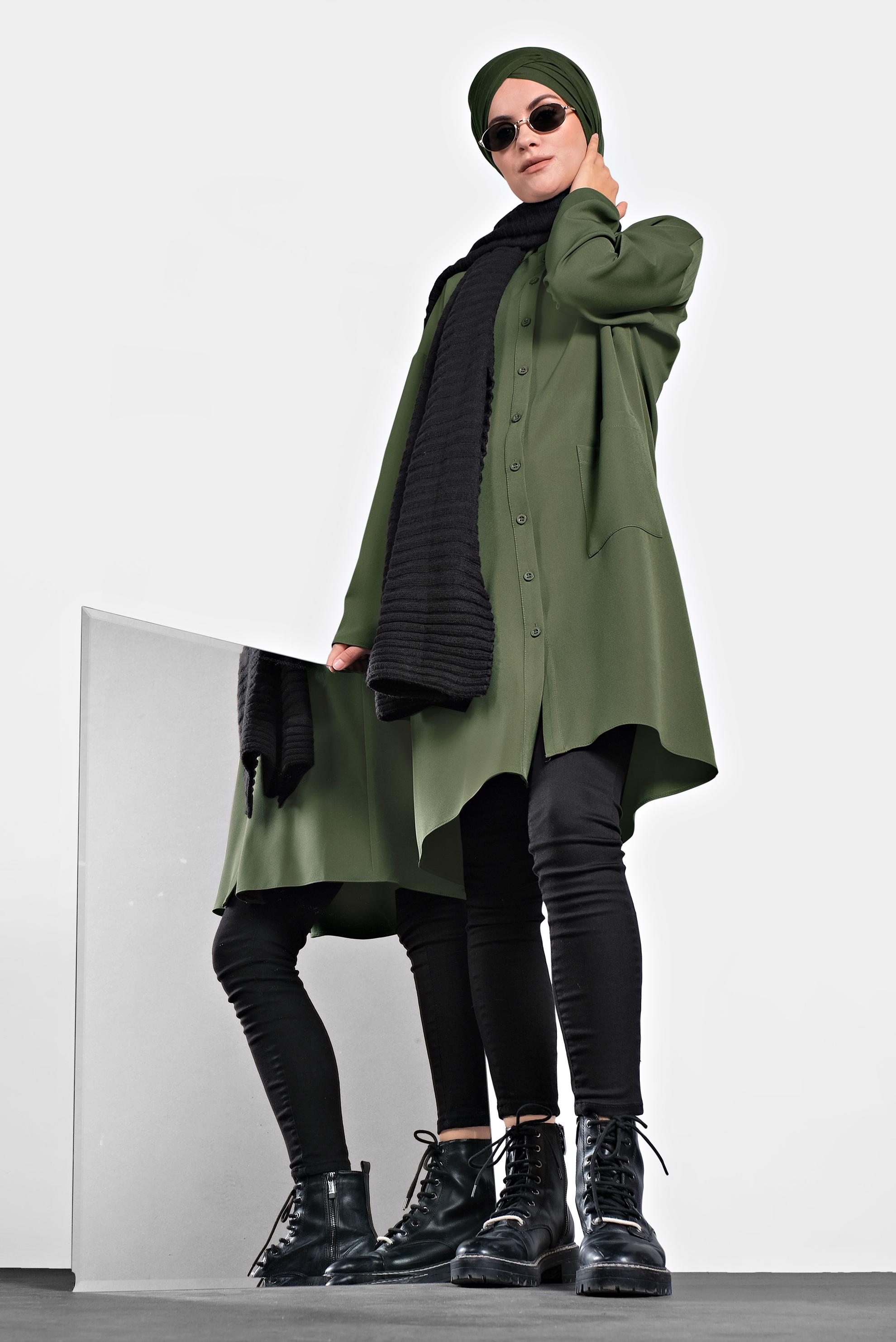 Tesettür giyim HAKİ BASKILI DÜĞMELİ TUNİK 40113 