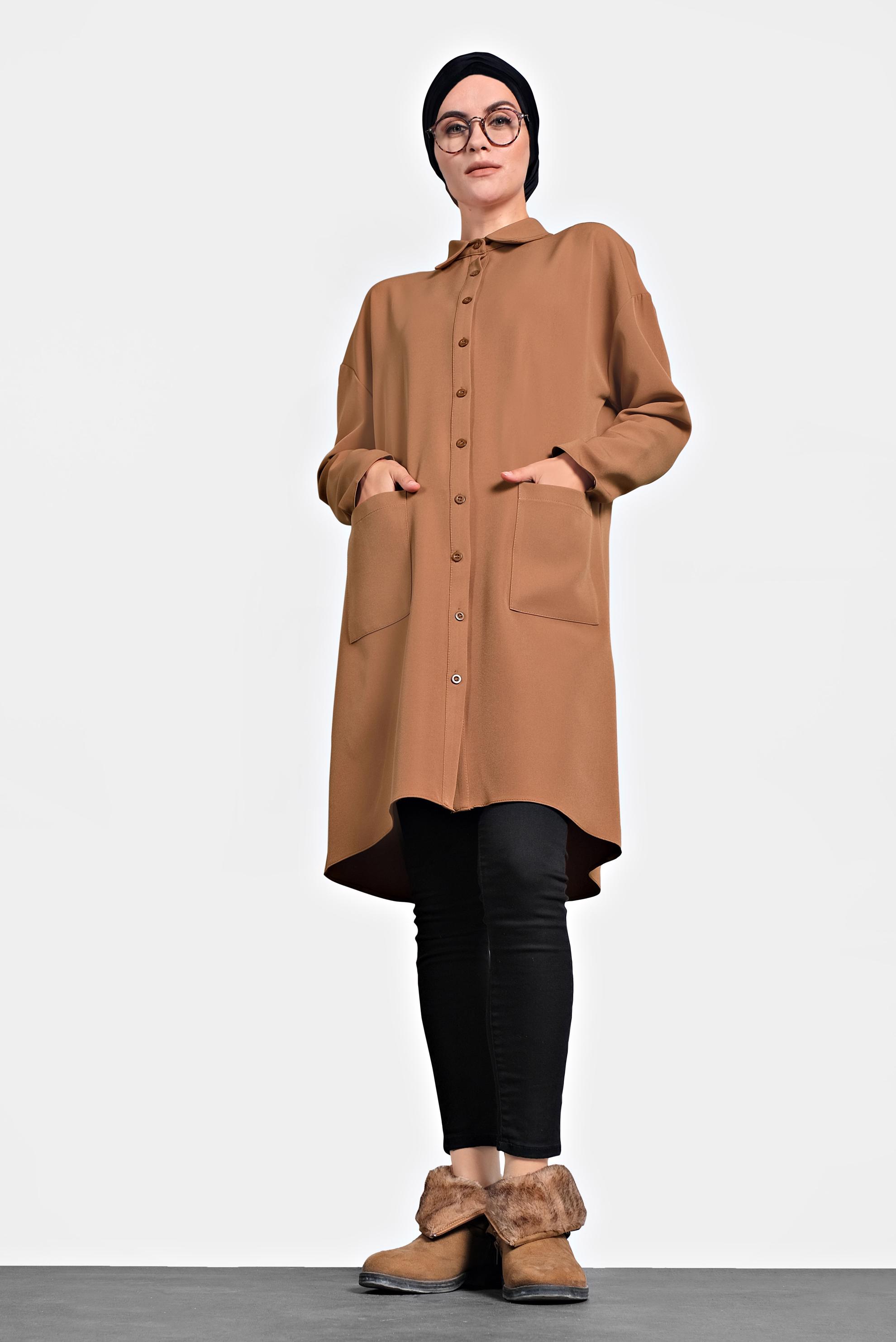 Tesettür giyim TABA BASKILI DÜĞMELİ TUNİK 40113 