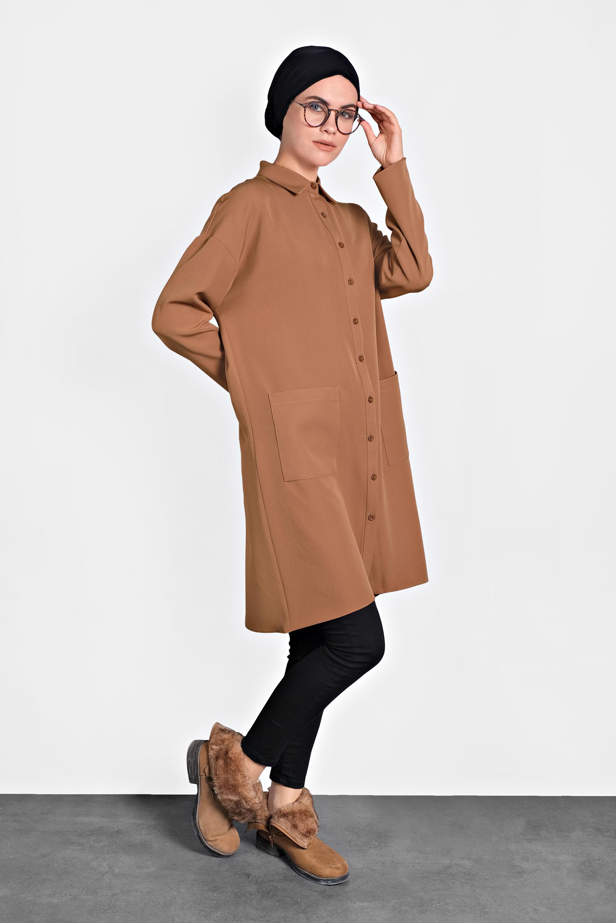 Tesettür giyim TABA BASKILI DÜĞMELİ TUNİK 40113 