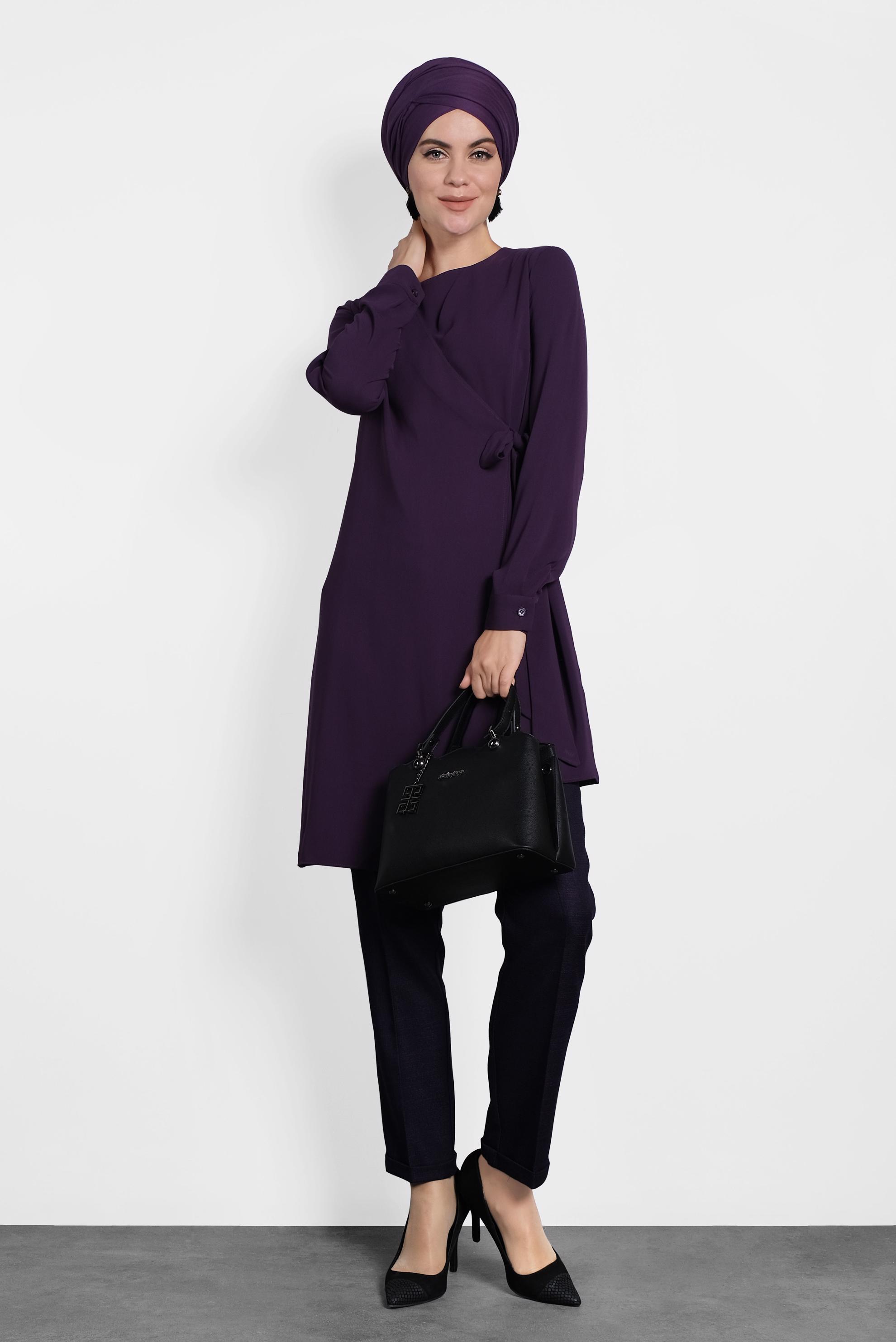 Tesettür giyim MOR YANDAN BAĞLAMALI TUNİK 40115