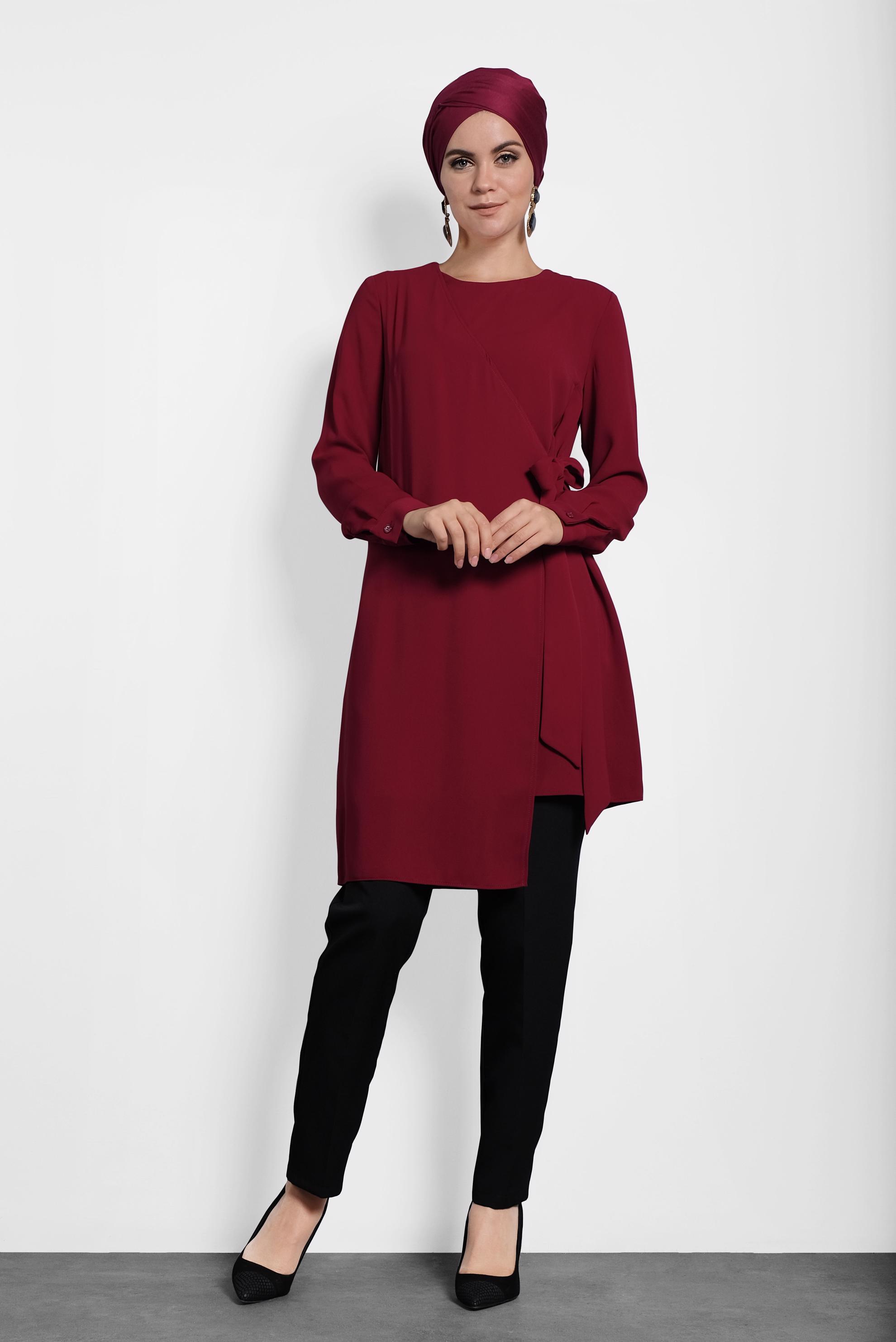 Tesettür giyim BORDO YANDAN BAĞLAMALI TUNİK 40115