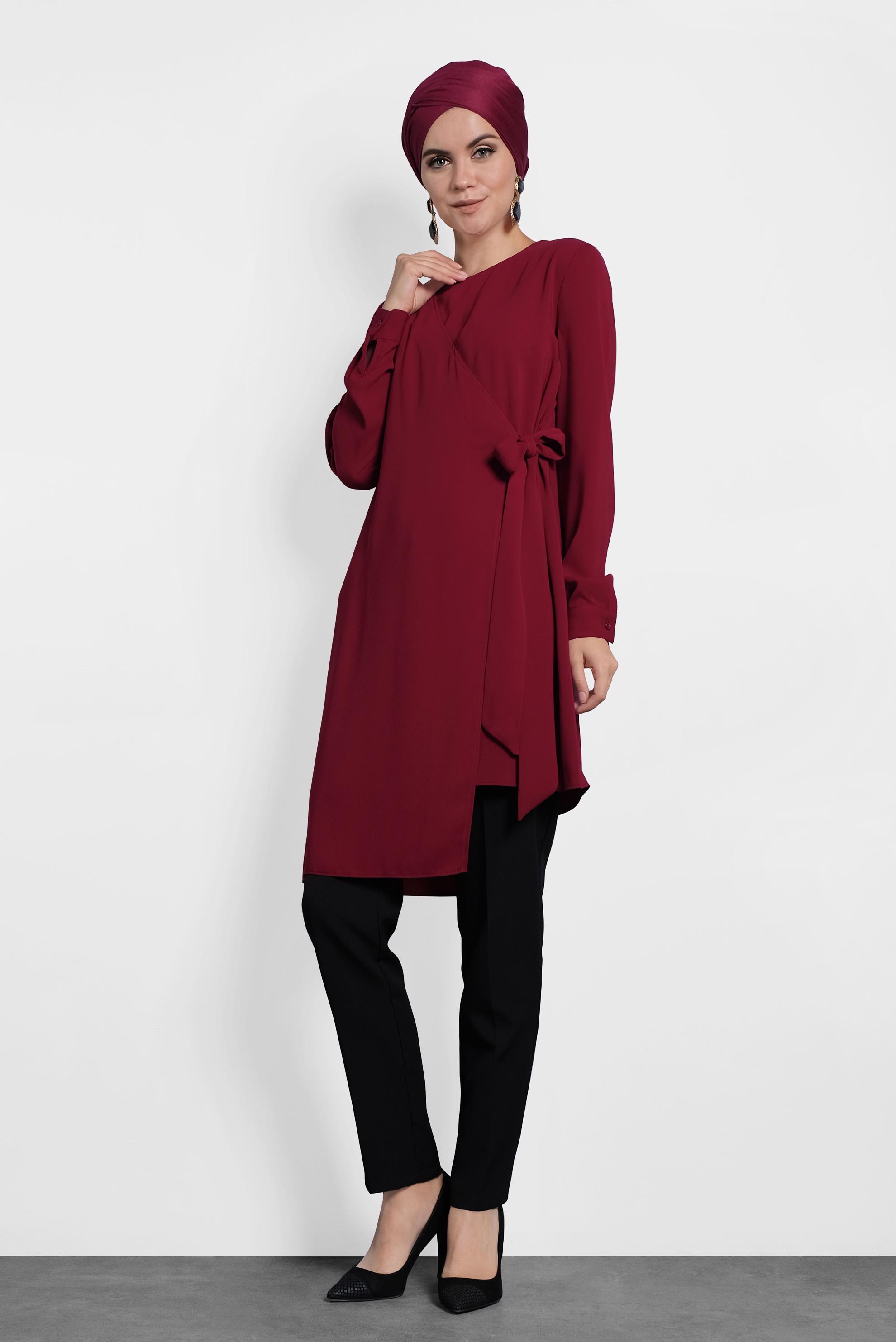 Tesettür giyim BORDO YANDAN BAĞLAMALI TUNİK 40115