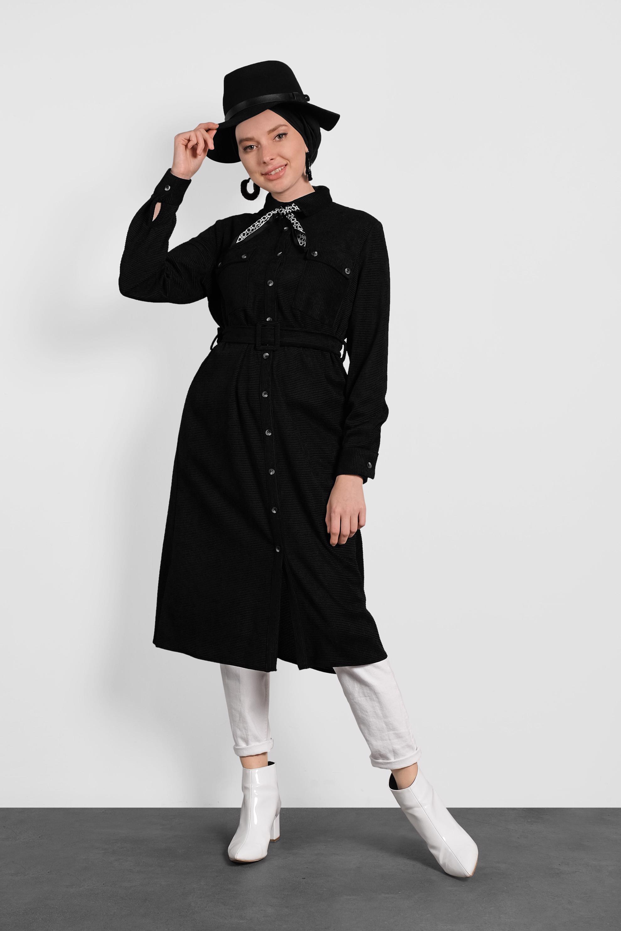 Tesettür giyim SİYAH KEMERLİ KADİFE TUNİK 40285 