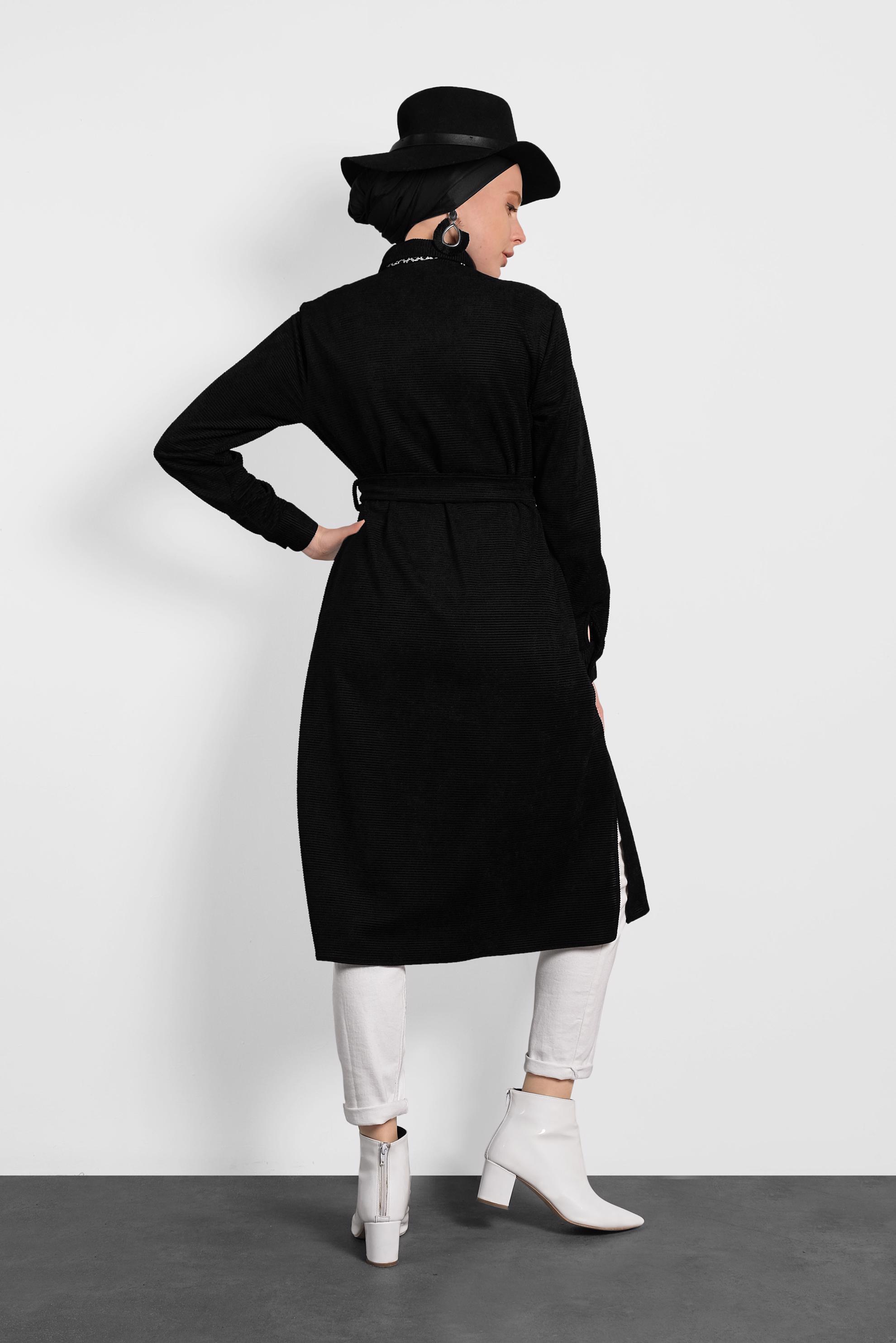 Tesettür giyim SİYAH KEMERLİ KADİFE TUNİK 40285 