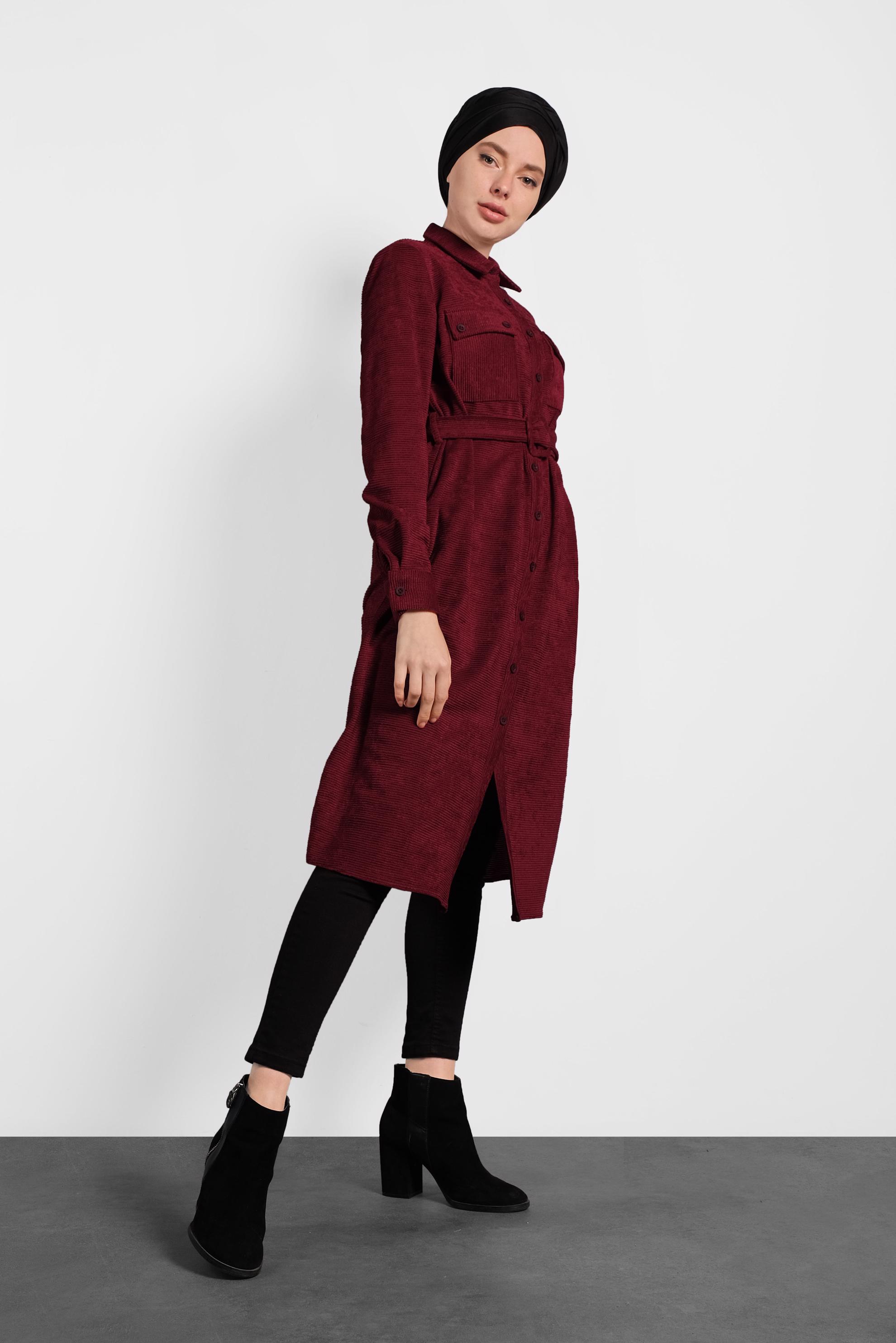 Tesettür giyim BORDO KEMERLİ KADİFE TUNİK 40285 