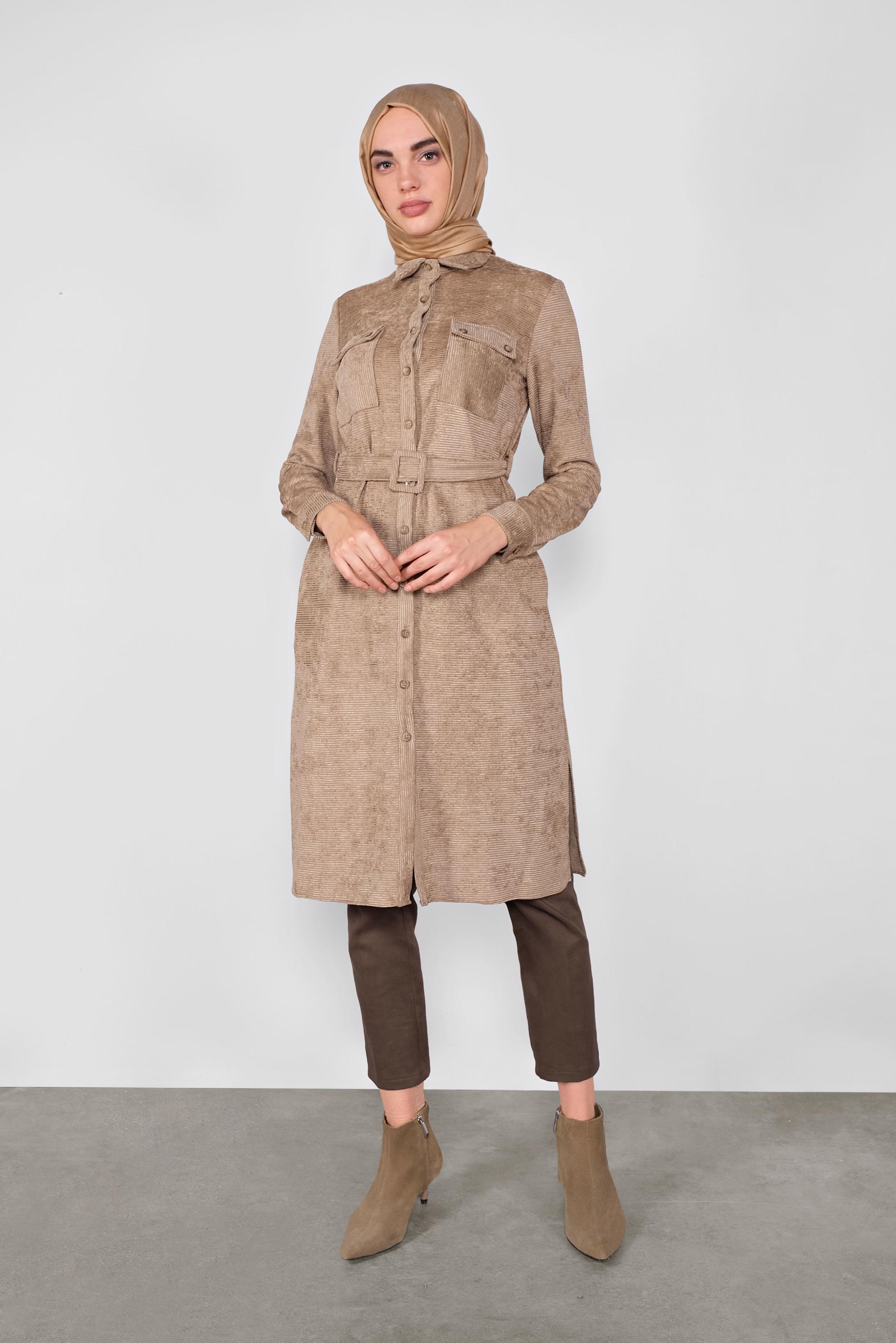 Tesettür giyim KAHVE KEMERLİ KADİFE TUNİK 40285 