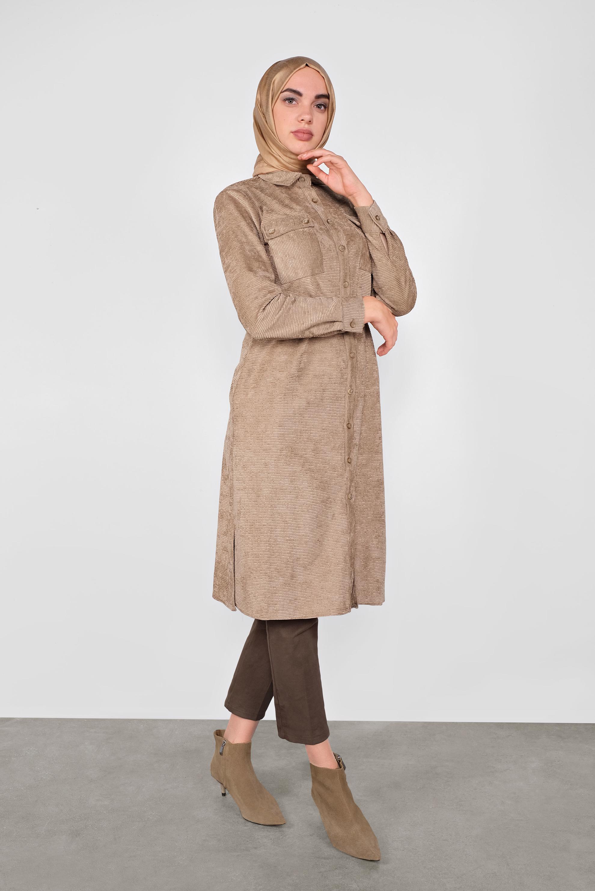 Tesettür giyim KAHVE KEMERLİ KADİFE TUNİK 40285 