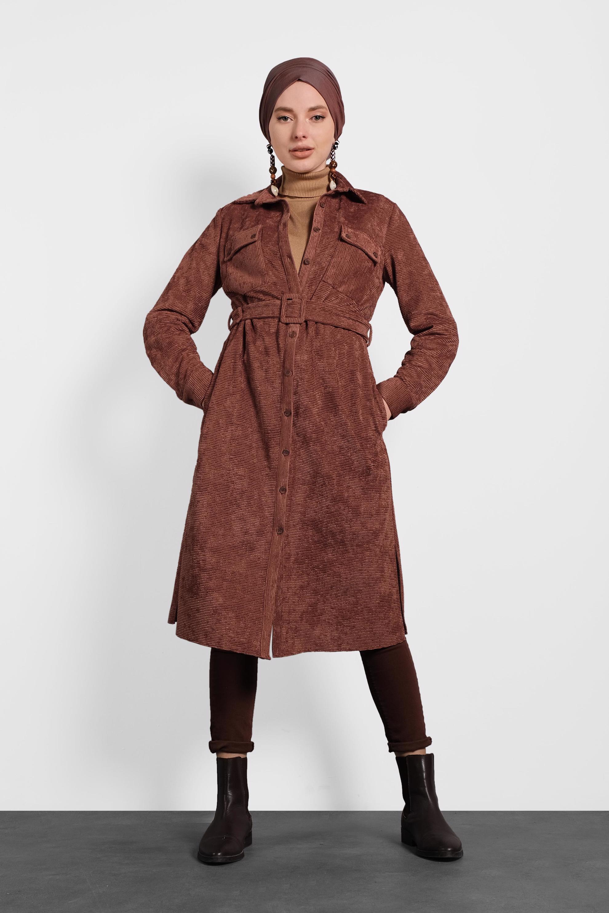 Tesettür giyim TURUNCU KEMERLİ KADİFE TUNİK 40285 