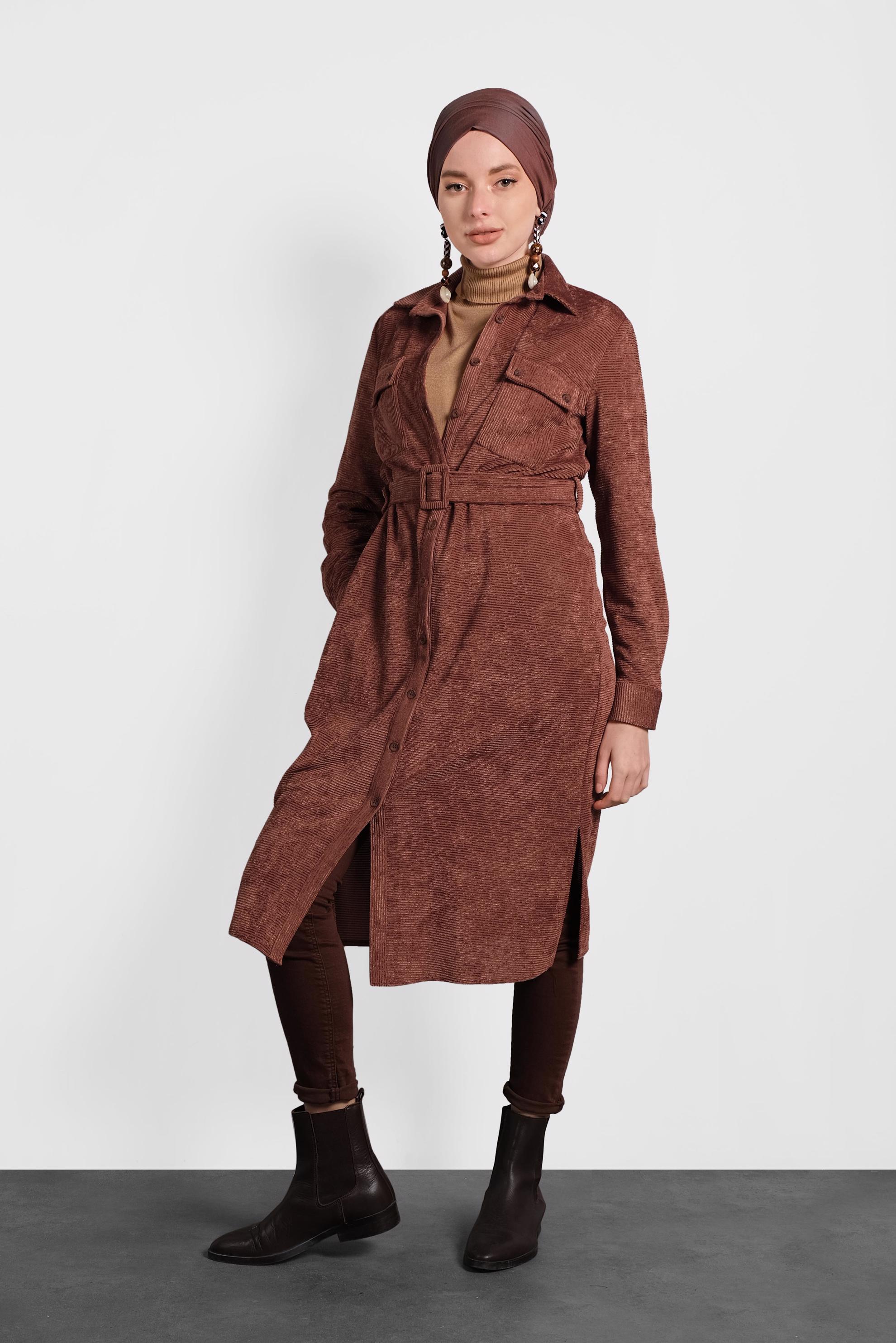 Tesettür giyim TURUNCU KEMERLİ KADİFE TUNİK 40285 