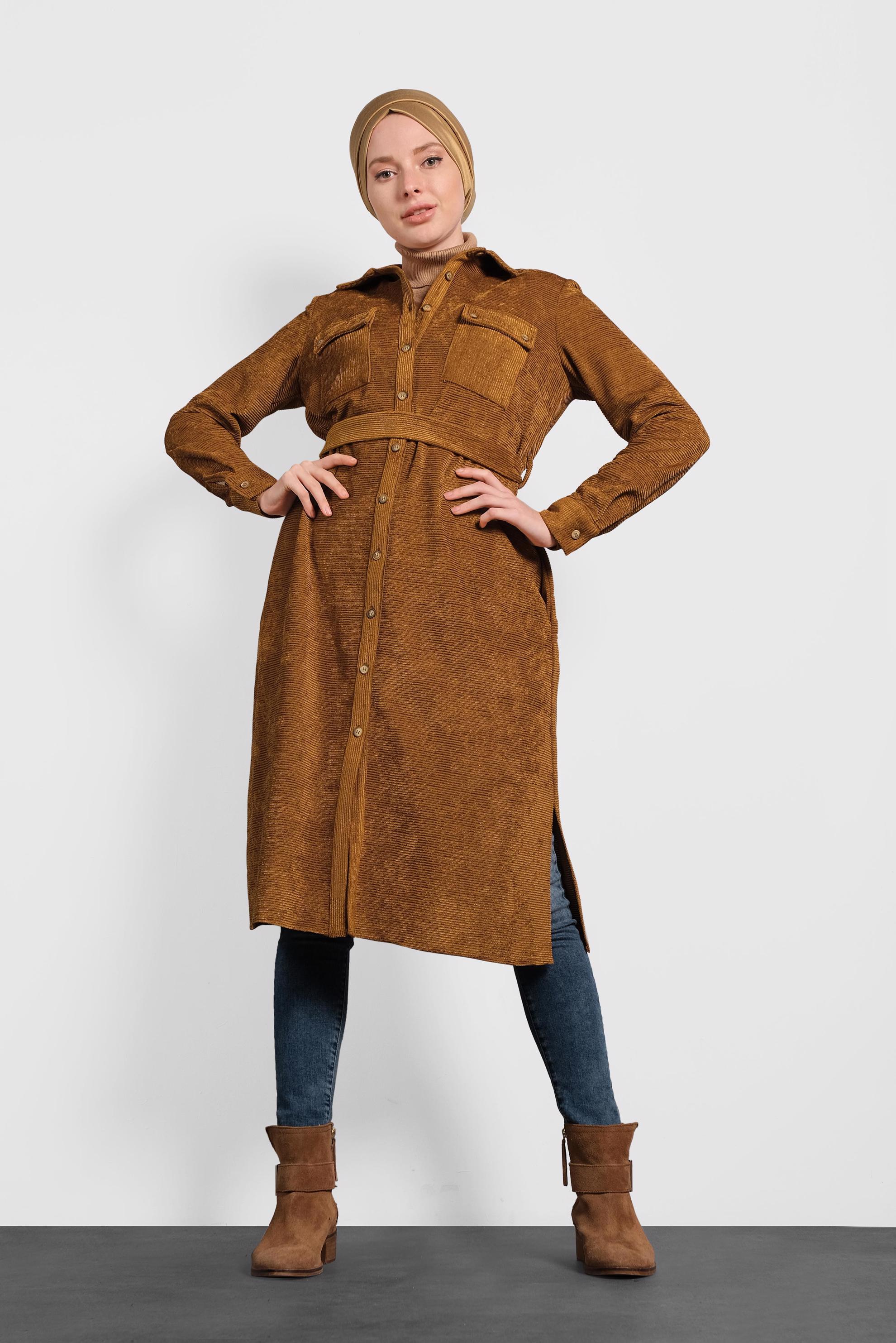 Tesettür giyim TABA KEMERLİ KADİFE TUNİK 40285 