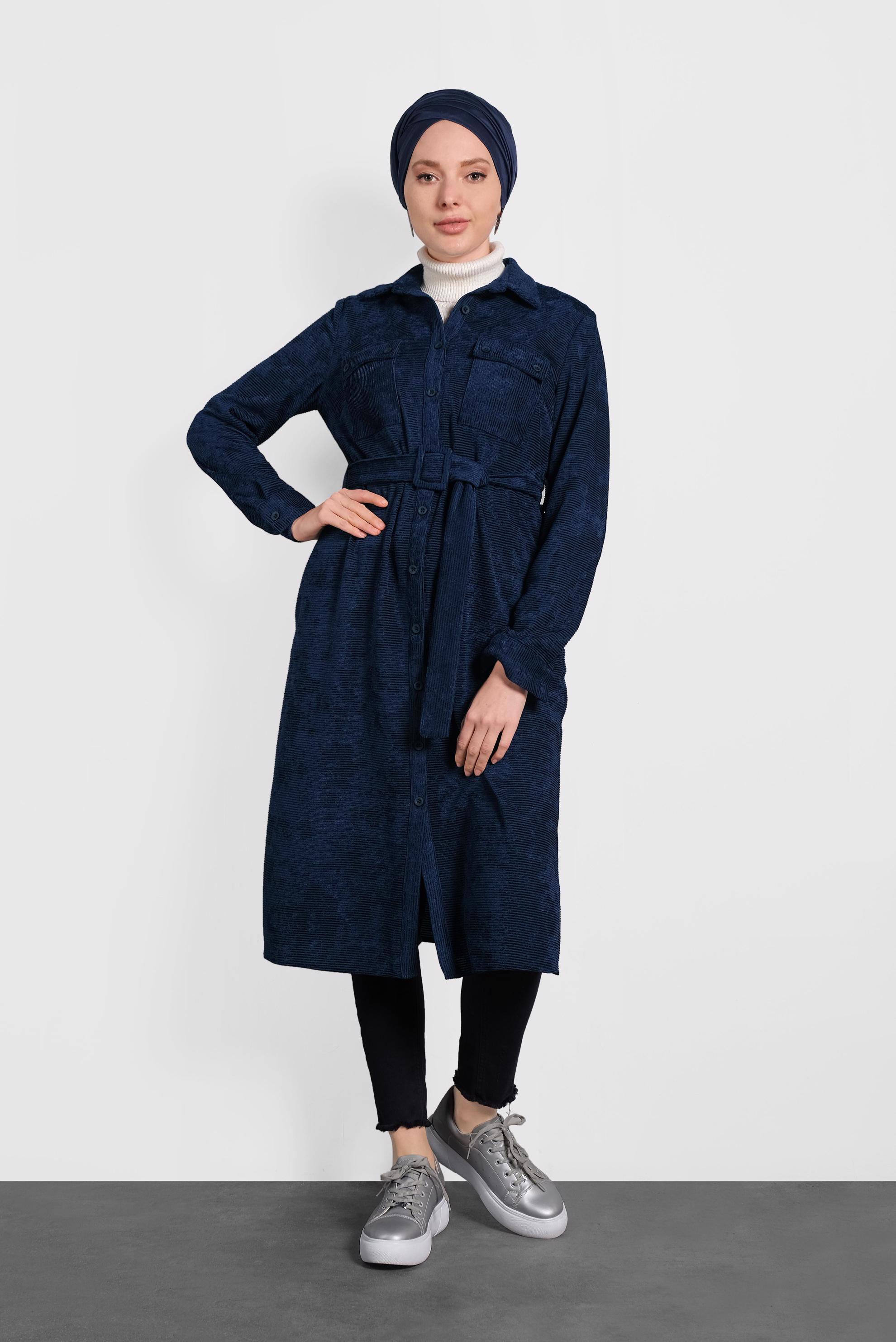 Tesettür giyim LACİVERT KEMERLİ KADİFE TUNİK 40285 