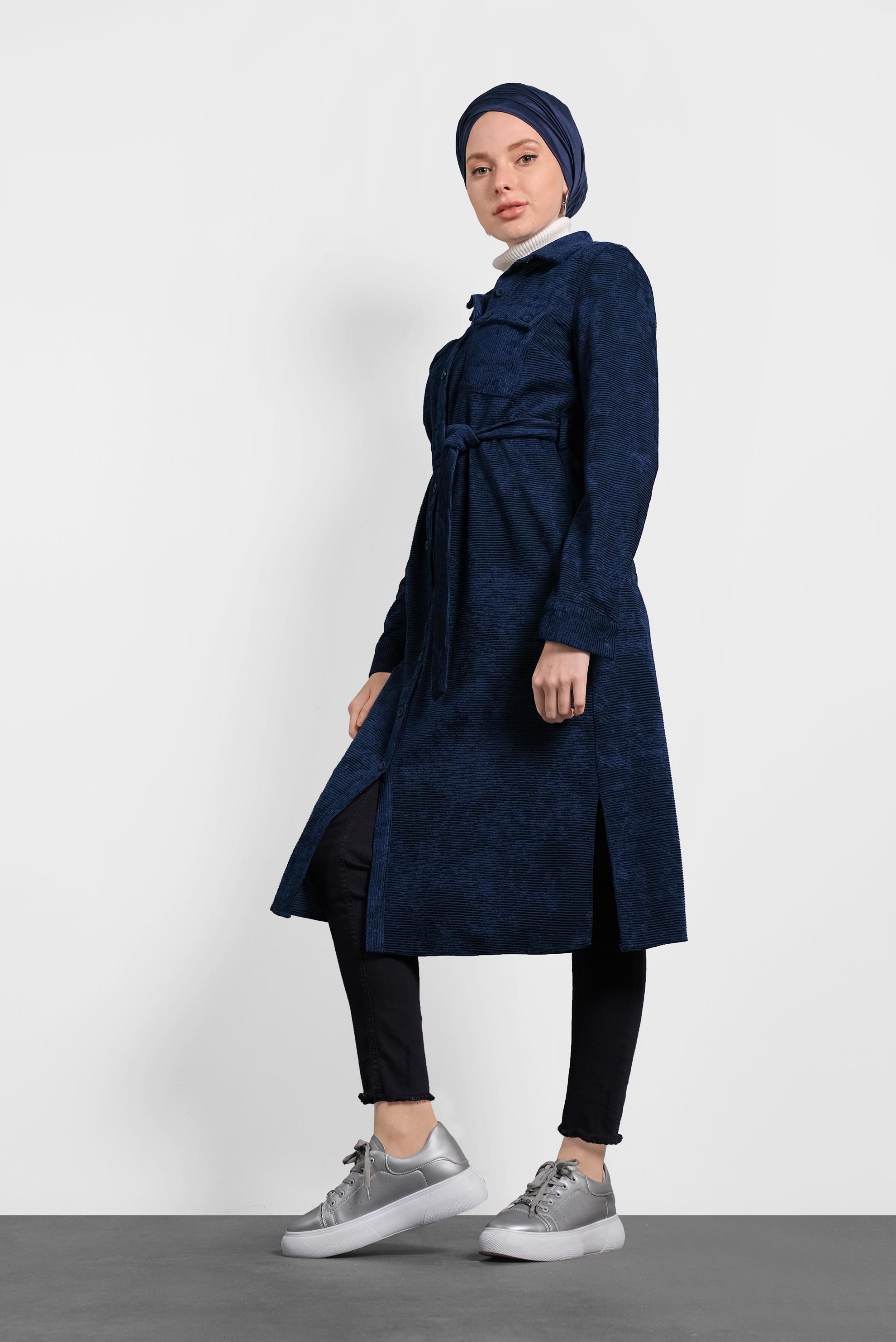 Tesettür giyim LACİVERT KEMERLİ KADİFE TUNİK 40285 