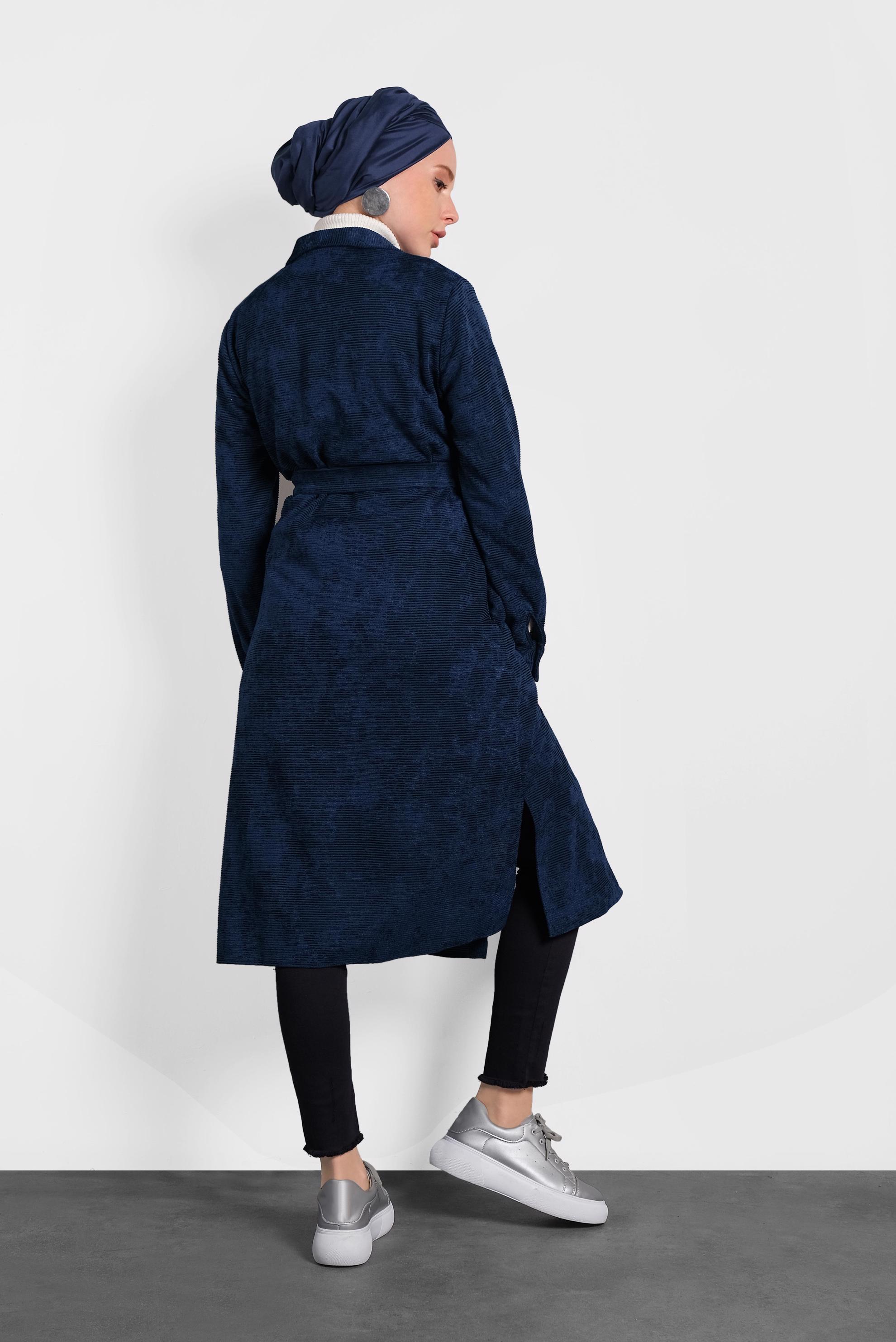 Tesettür giyim LACİVERT KEMERLİ KADİFE TUNİK 40285 