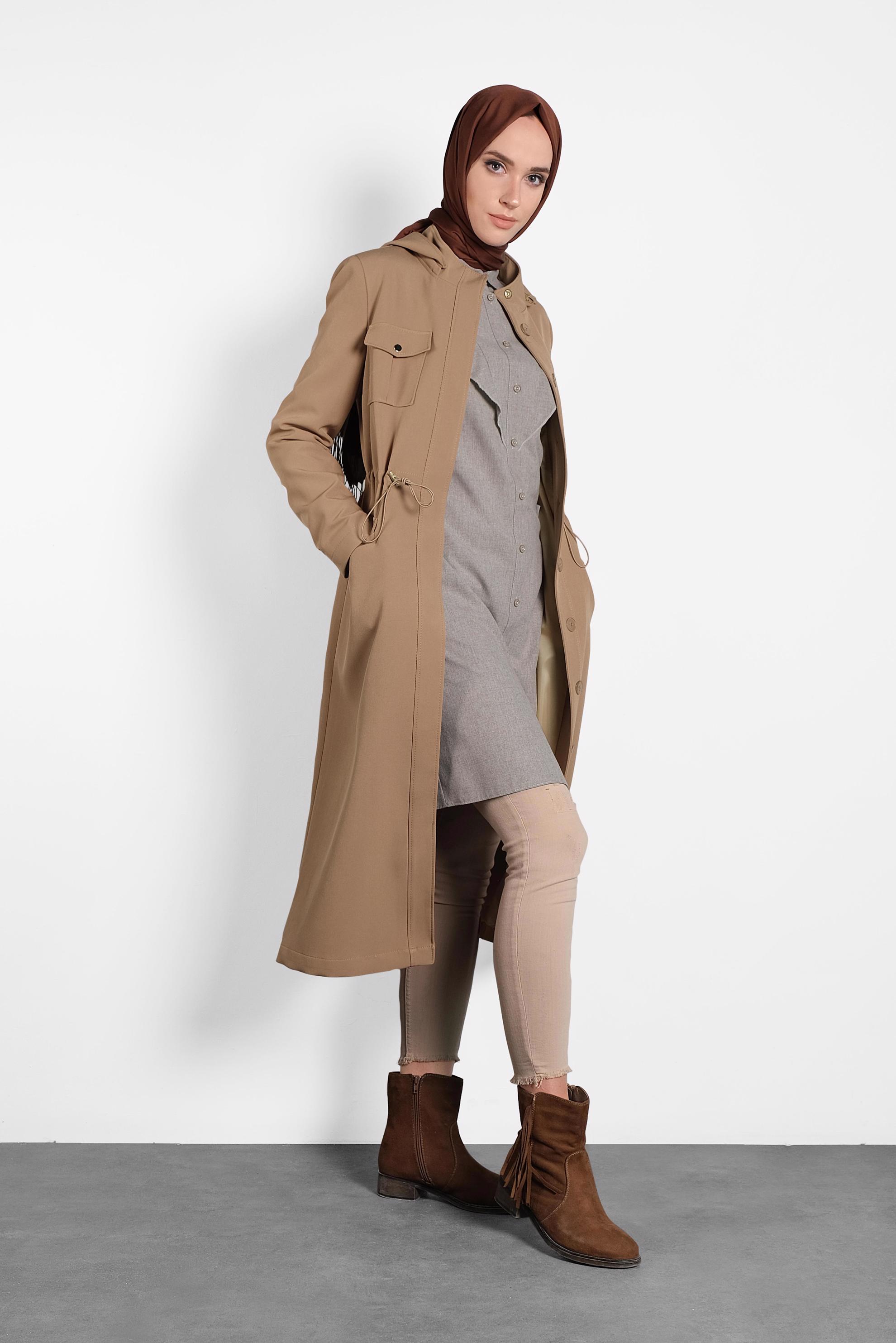 Tesettür giyim BEJ PAMUKLU FIRFIRLI TUNİK 40308