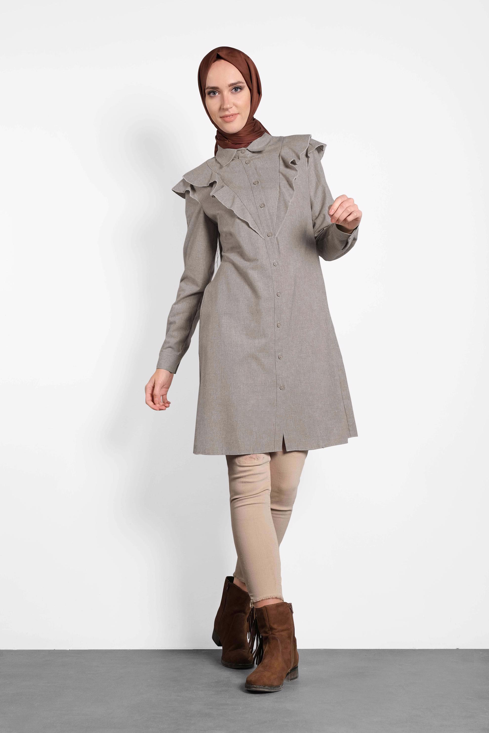 Tesettür giyim BEJ PAMUKLU FIRFIRLI TUNİK 40308