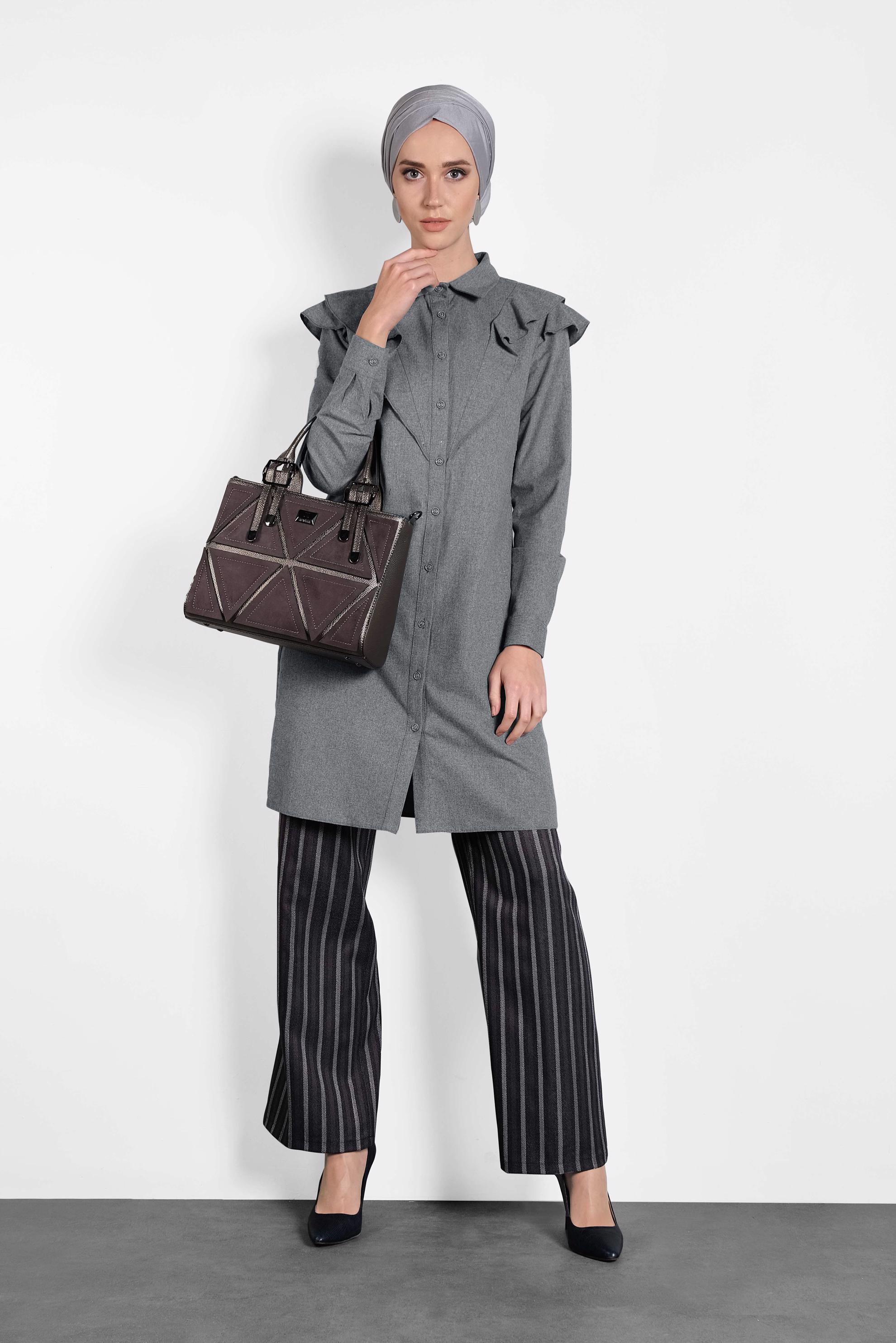 Tesettür giyim GRİ PAMUKLU FIRFIRLI TUNİK 40308