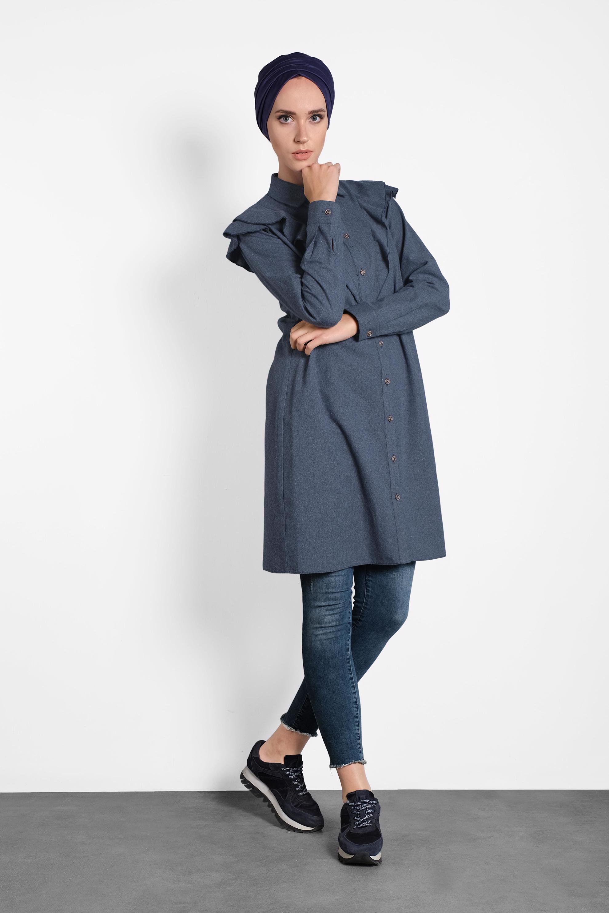 Tesettür giyim LACİVERT PAMUKLU FIRFIRLI TUNİK 40308