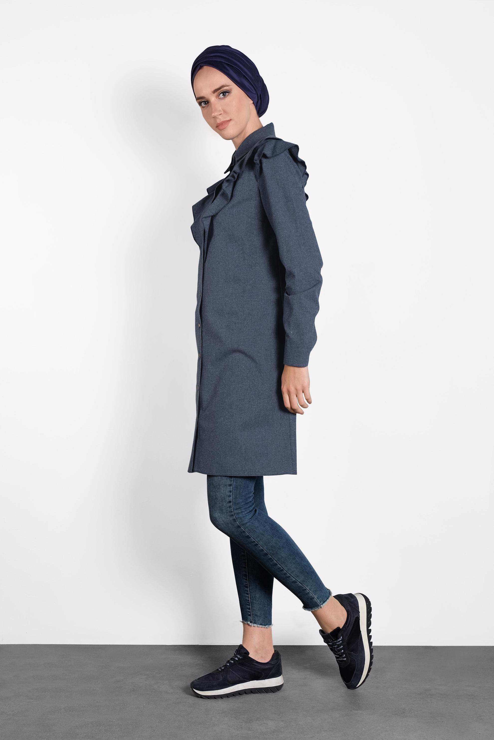 Tesettür giyim LACİVERT PAMUKLU FIRFIRLI TUNİK 40308