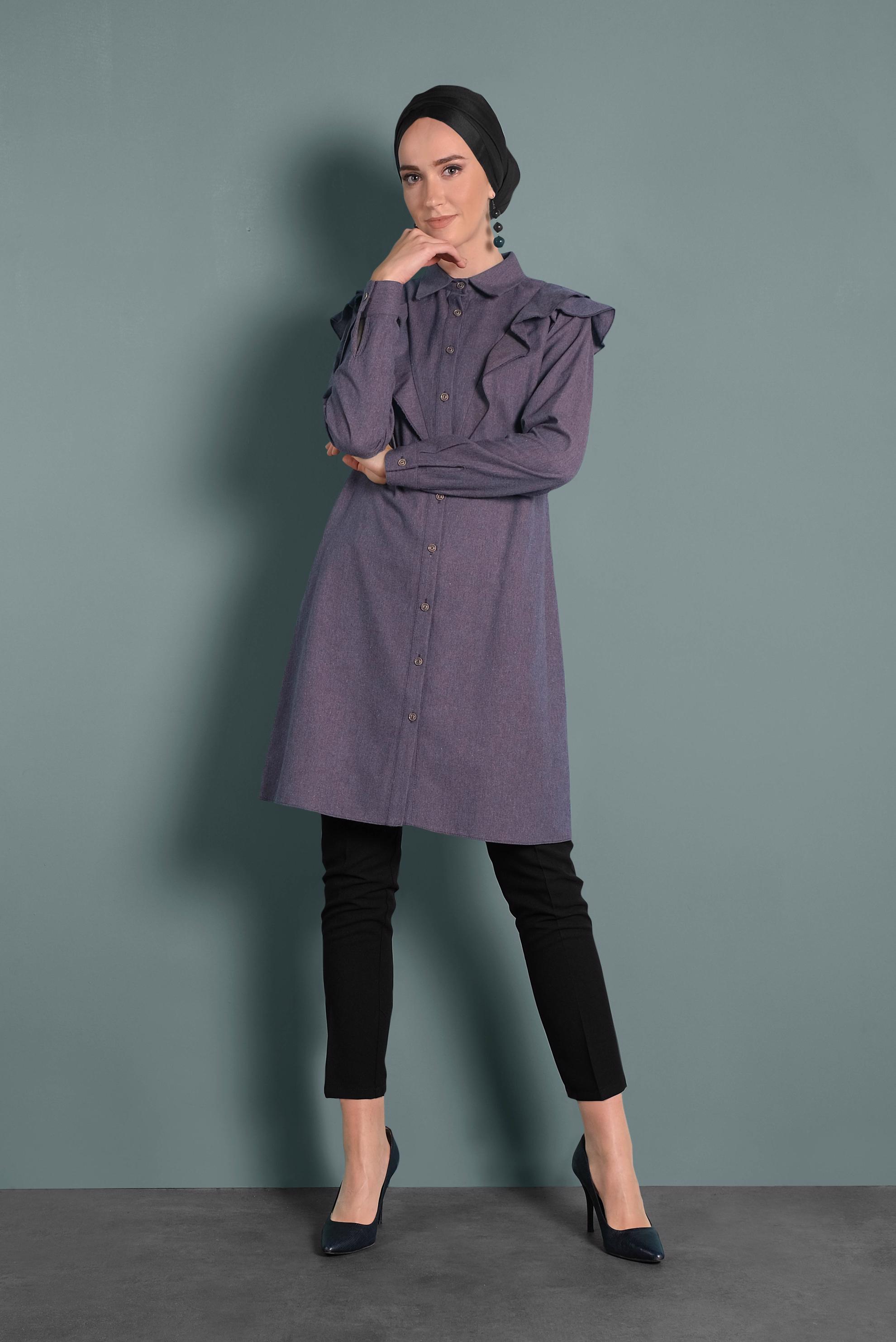 Tesettür giyim LACİVERT PAMUKLU FIRFIRLI TUNİK 40308