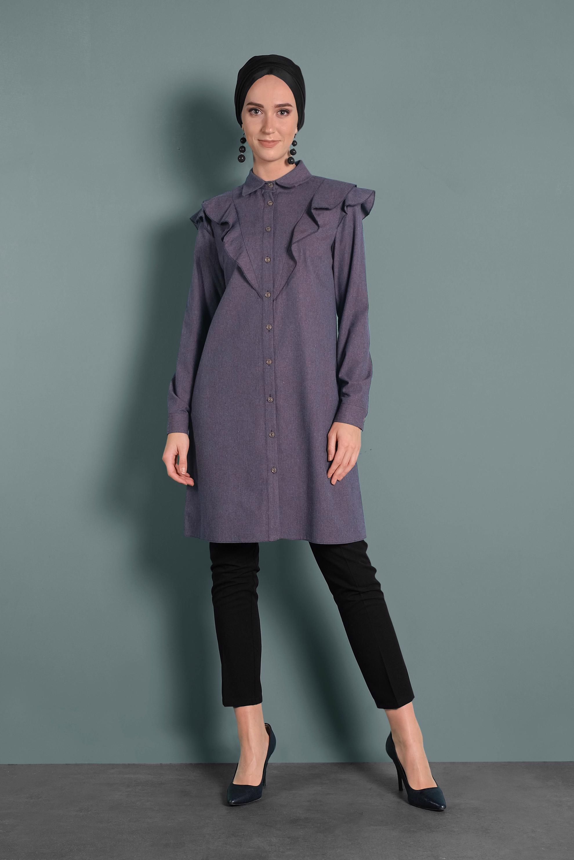 Tesettür giyim LACİVERT PAMUKLU FIRFIRLI TUNİK 40308