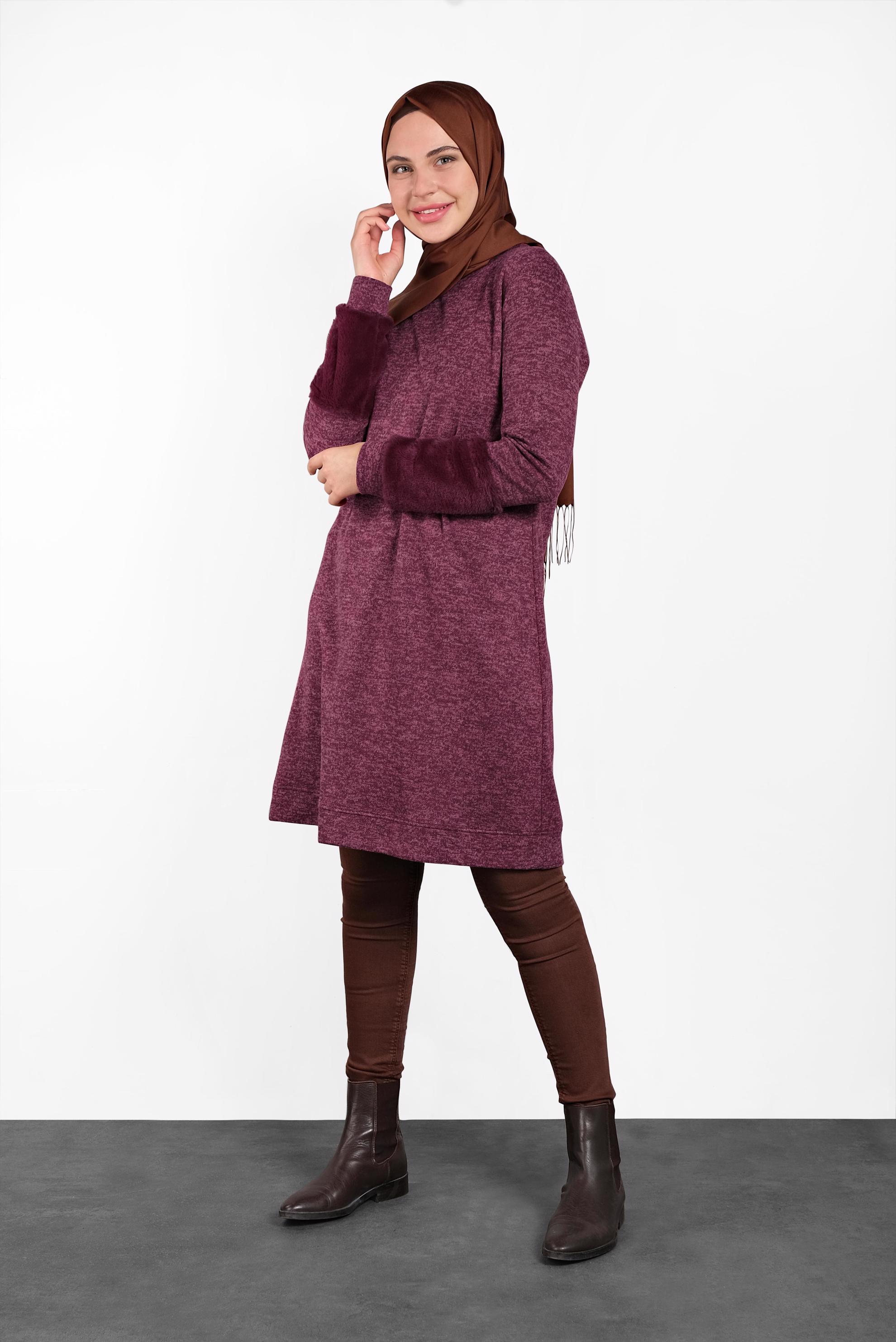 Tesettür giyim BORDO KOLLARI PELUŞ TUNİK 40398 