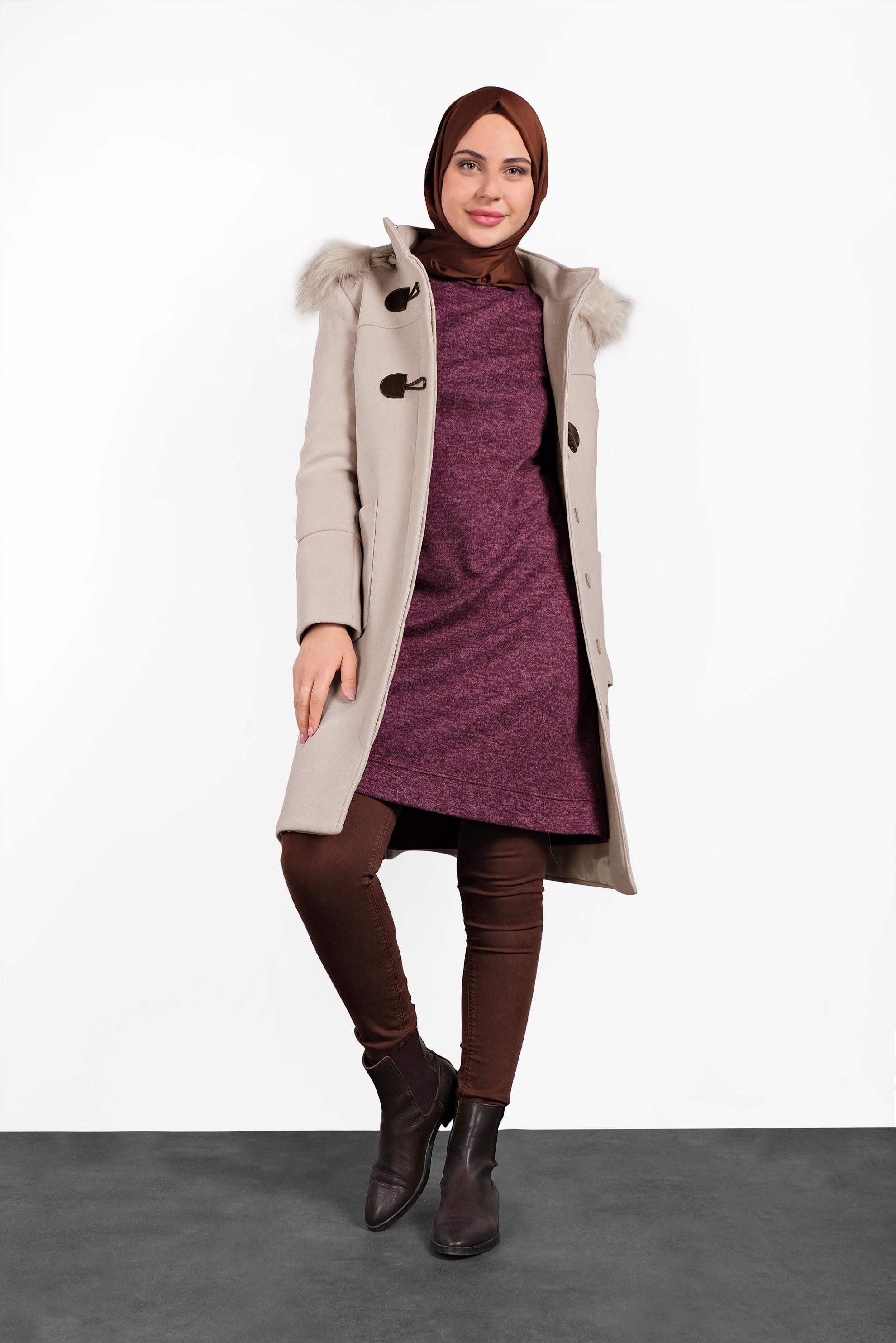 Tesettür giyim BORDO KOLLARI PELUŞ TUNİK 40398 