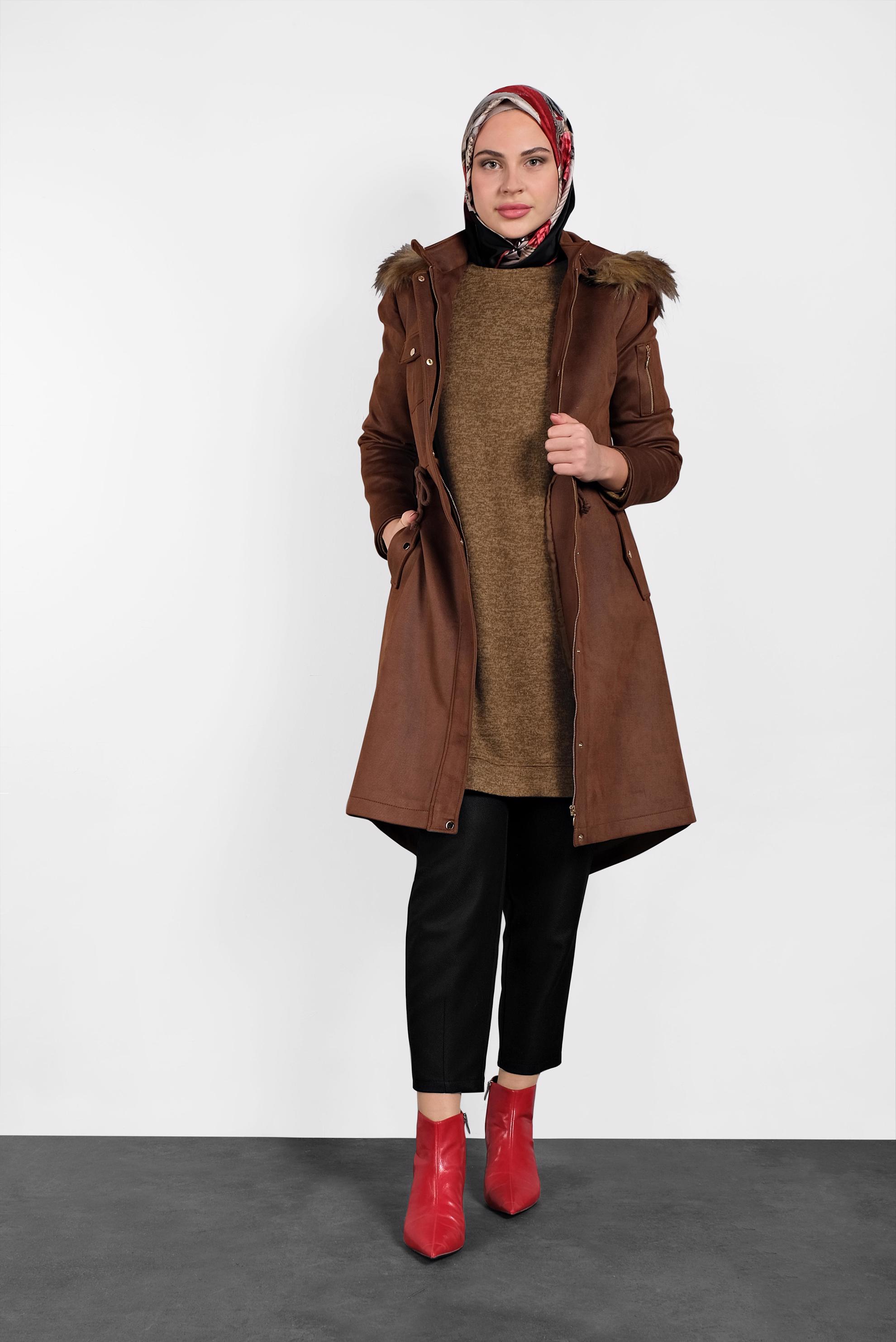 Tesettür giyim KAHVE KOLLARI PELUŞ TUNİK 40398 