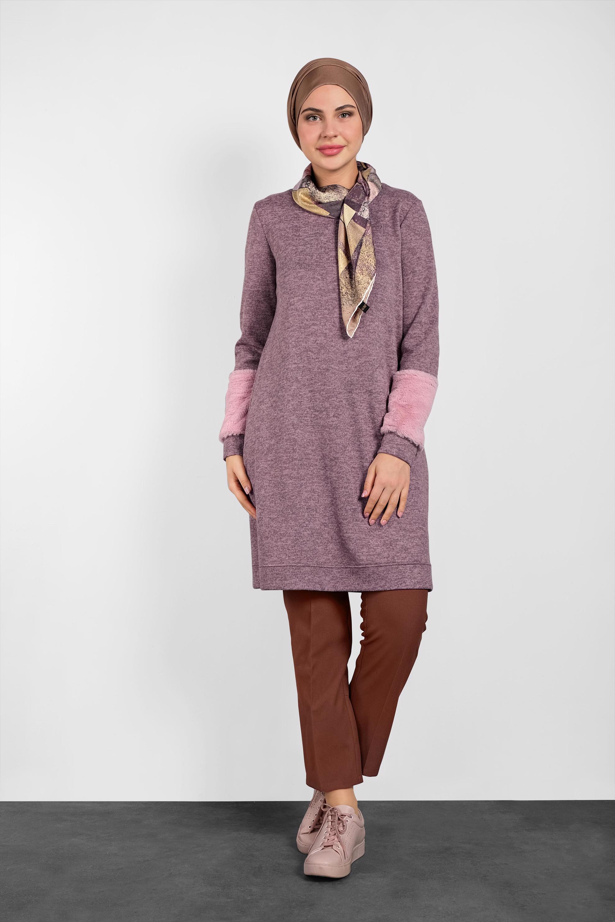 Tesettür giyim PUDRA KOLLARI PELUŞ TUNİK 40398 