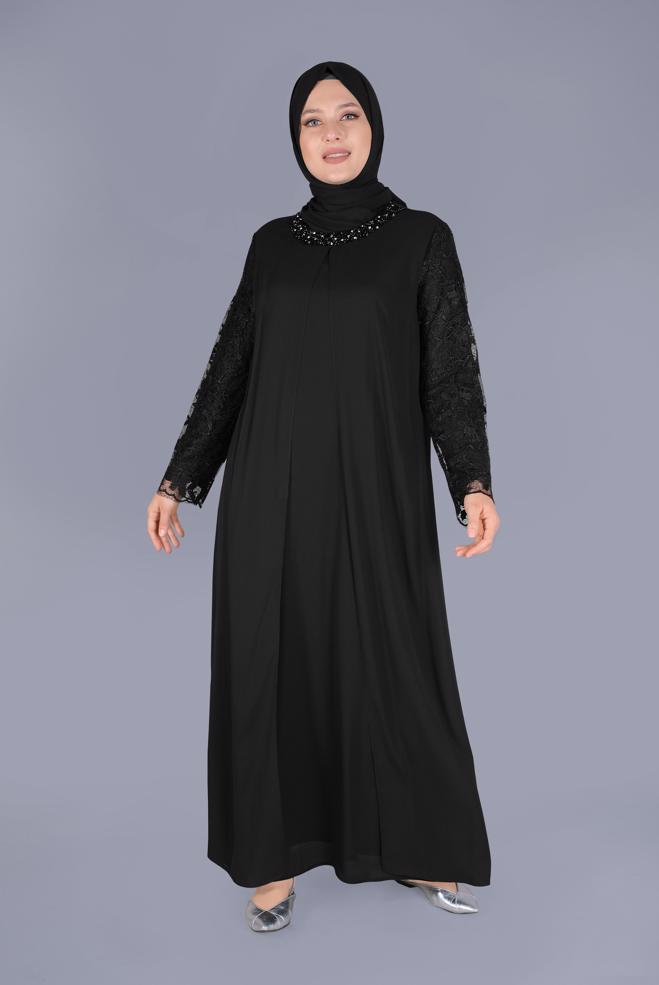 Tesettür giyim SİYAH DANTELLİ TAŞLI ABİYE ELBİSE 20055  - ALVİNA