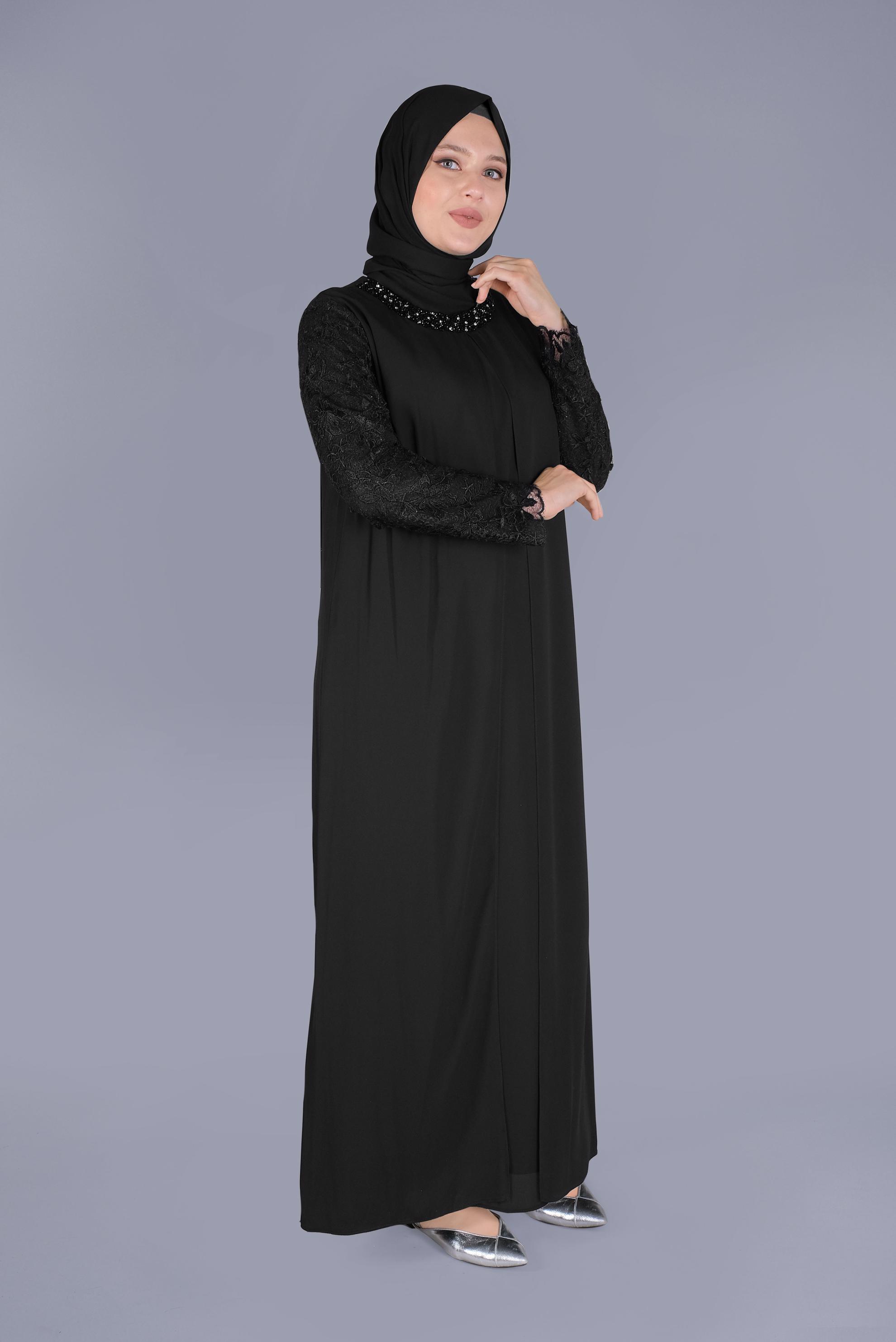 Vêtements hijab NOIR ROBE DE SOIRÉE DENTELLE PIERRE 20055