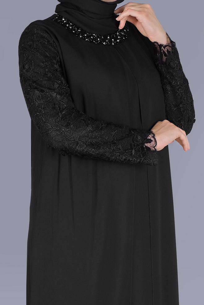 Tesettür giyim SİYAH DANTELLİ TAŞLI ABİYE ELBİSE 20055  - ALVİNA