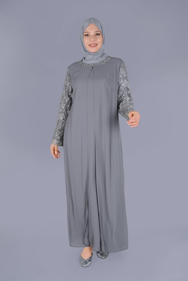 Vêtements hijab GRIS ROBE DE SOIRÉE DENTELLE PIERRE 20055 - ALVİNA