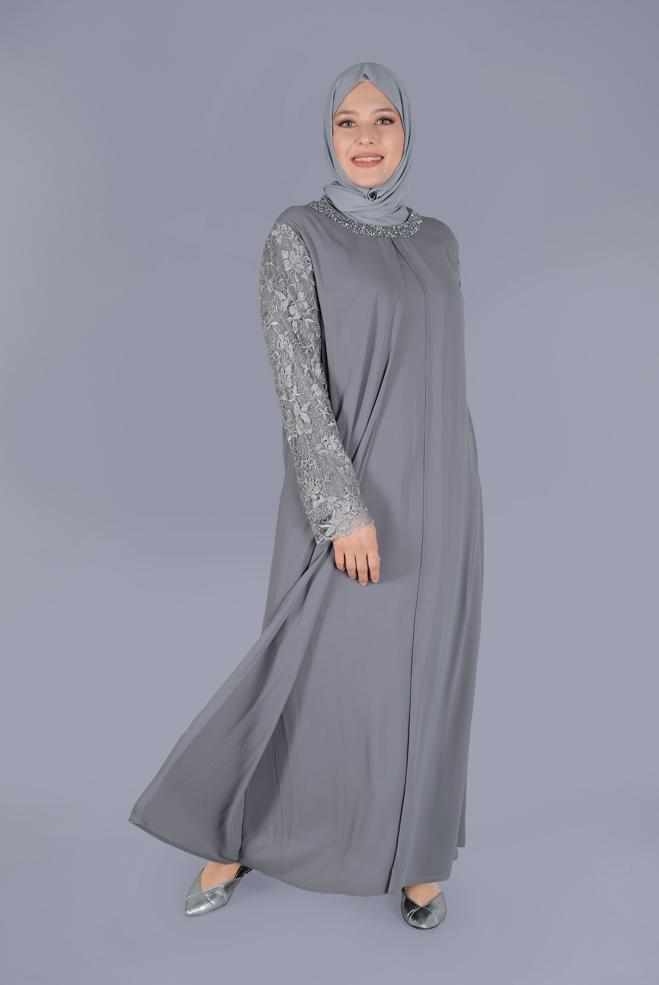 Vêtements hijab GRIS ROBE DE SOIRÉE DENTELLE PIERRE 20055 - ALVİNA