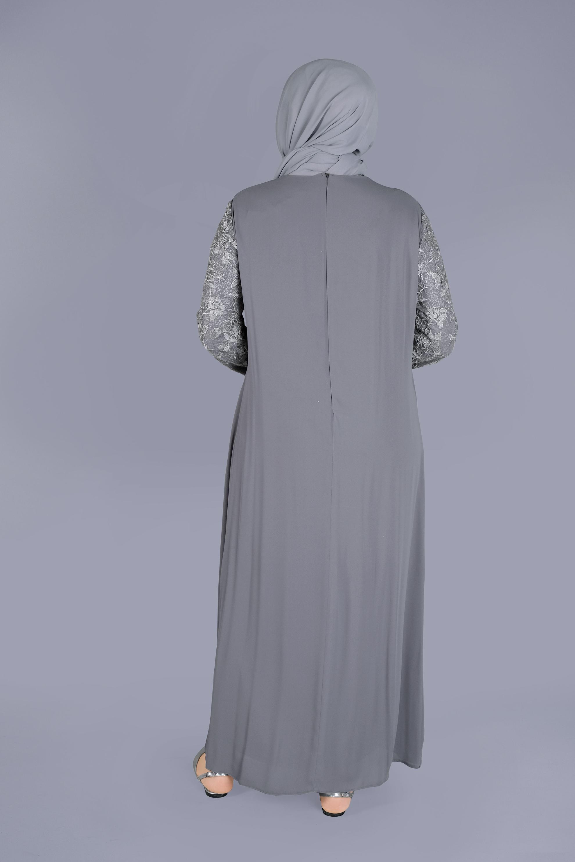 Tesettür giyim GRİ DANTELLİ TAŞLI ABİYE ELBİSE 20055 