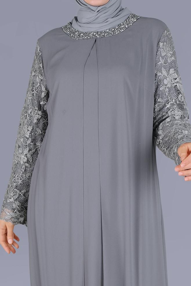 Vêtements hijab GRIS ROBE DE SOIRÉE DENTELLE PIERRE 20055 - ALVİNA