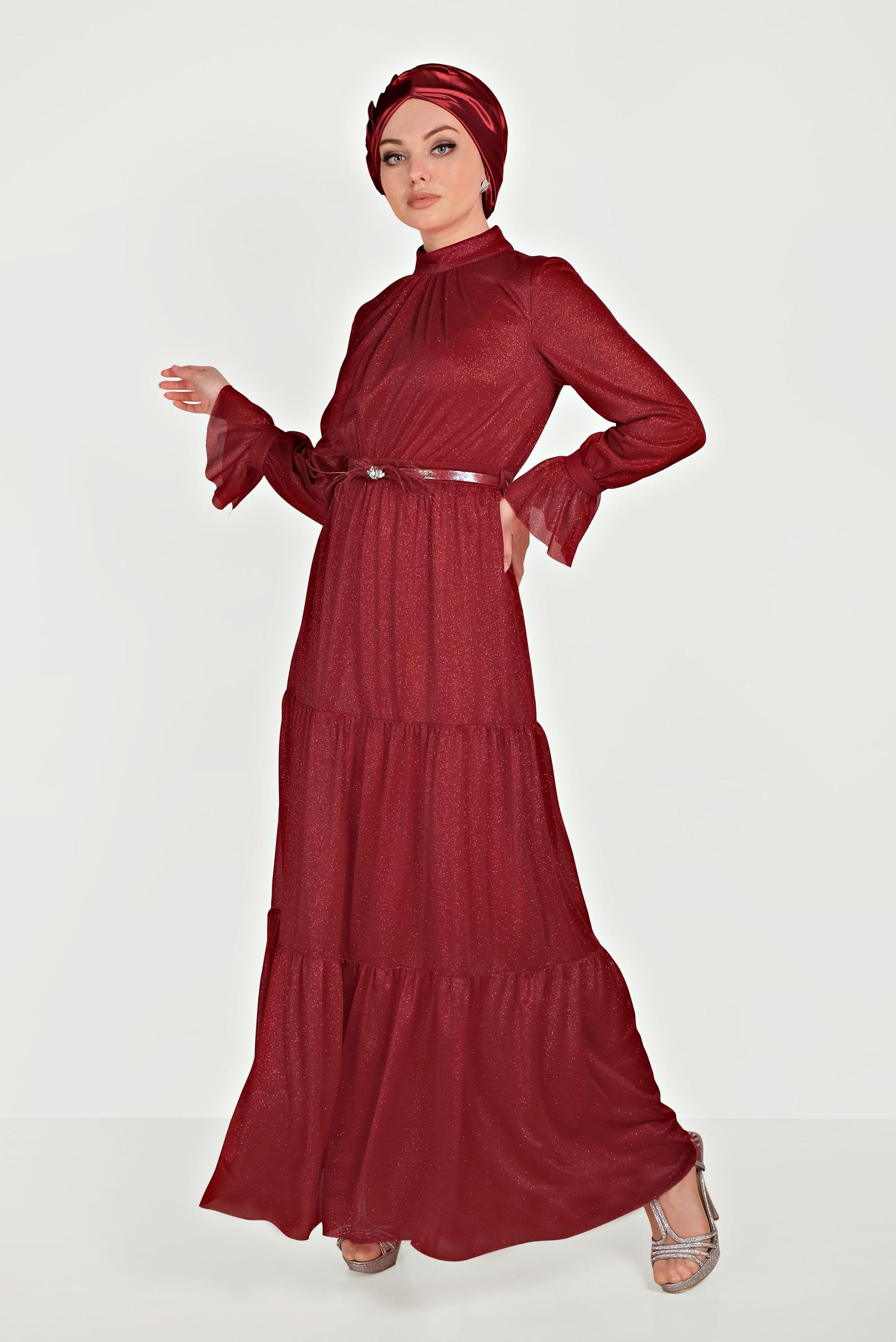 Tesettür giyim KIRMIZI KOL FIRFIR DETAYLI ABİYE ELBİSE 50002