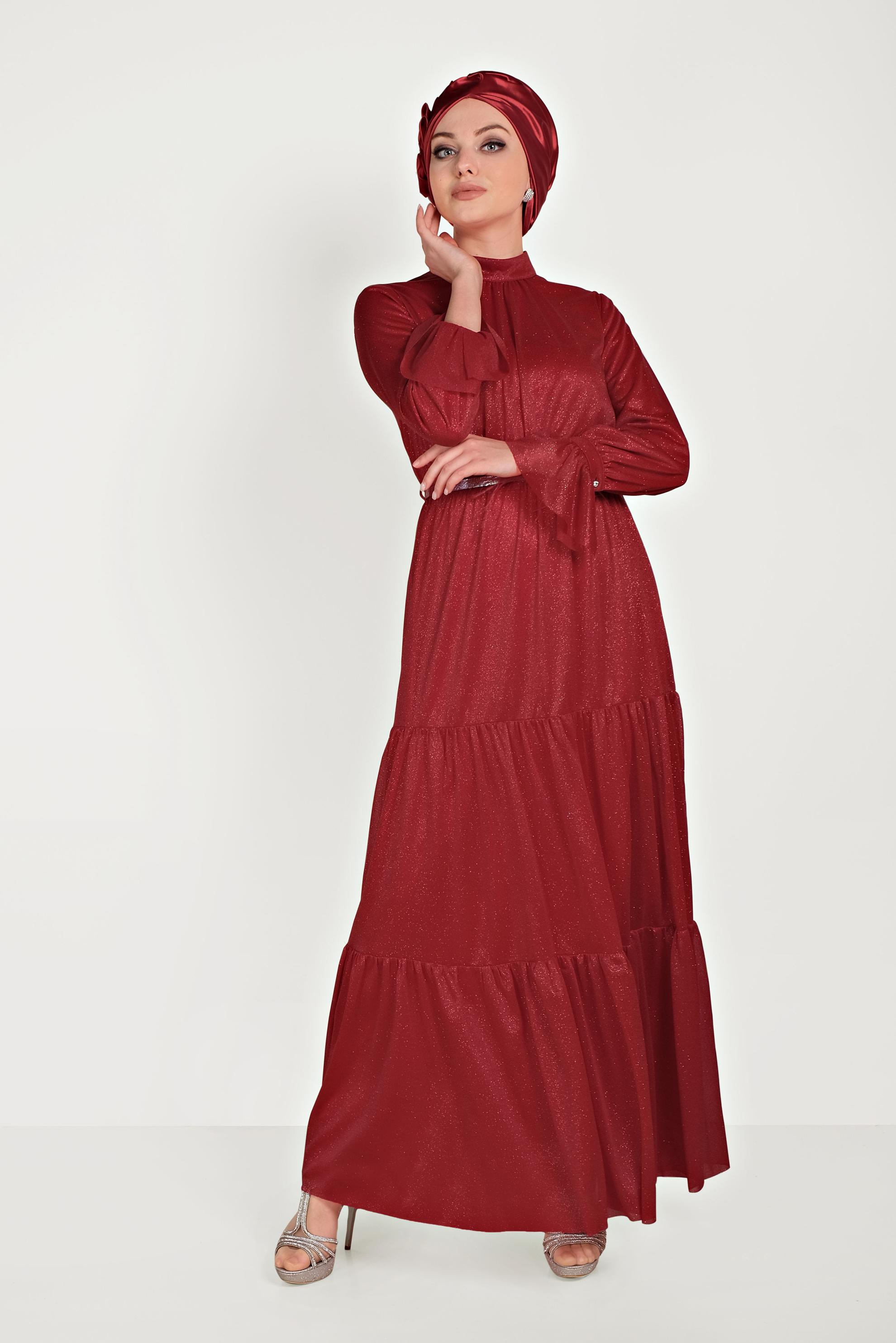 Tesettür giyim KIRMIZI KOL FIRFIR DETAYLI ABİYE ELBİSE 50002