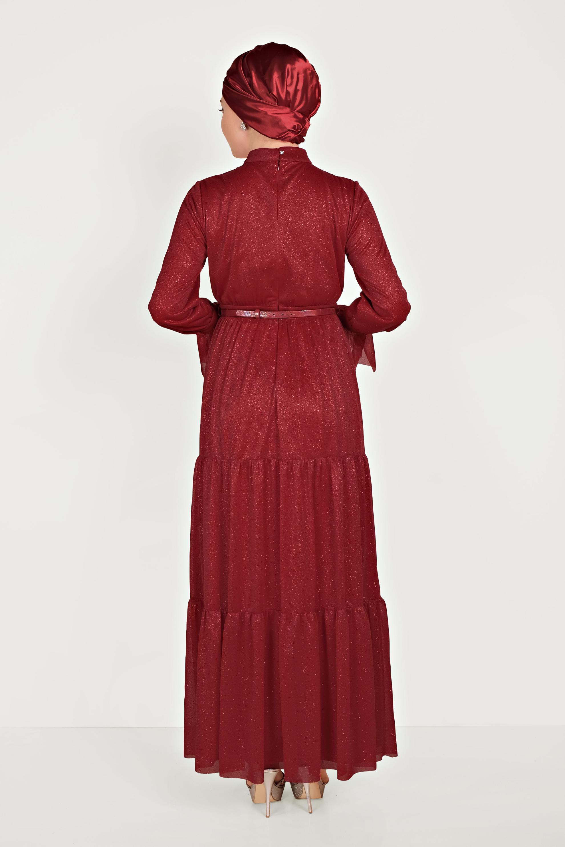 Tesettür giyim KIRMIZI KOL FIRFIR DETAYLI ABİYE ELBİSE 50002