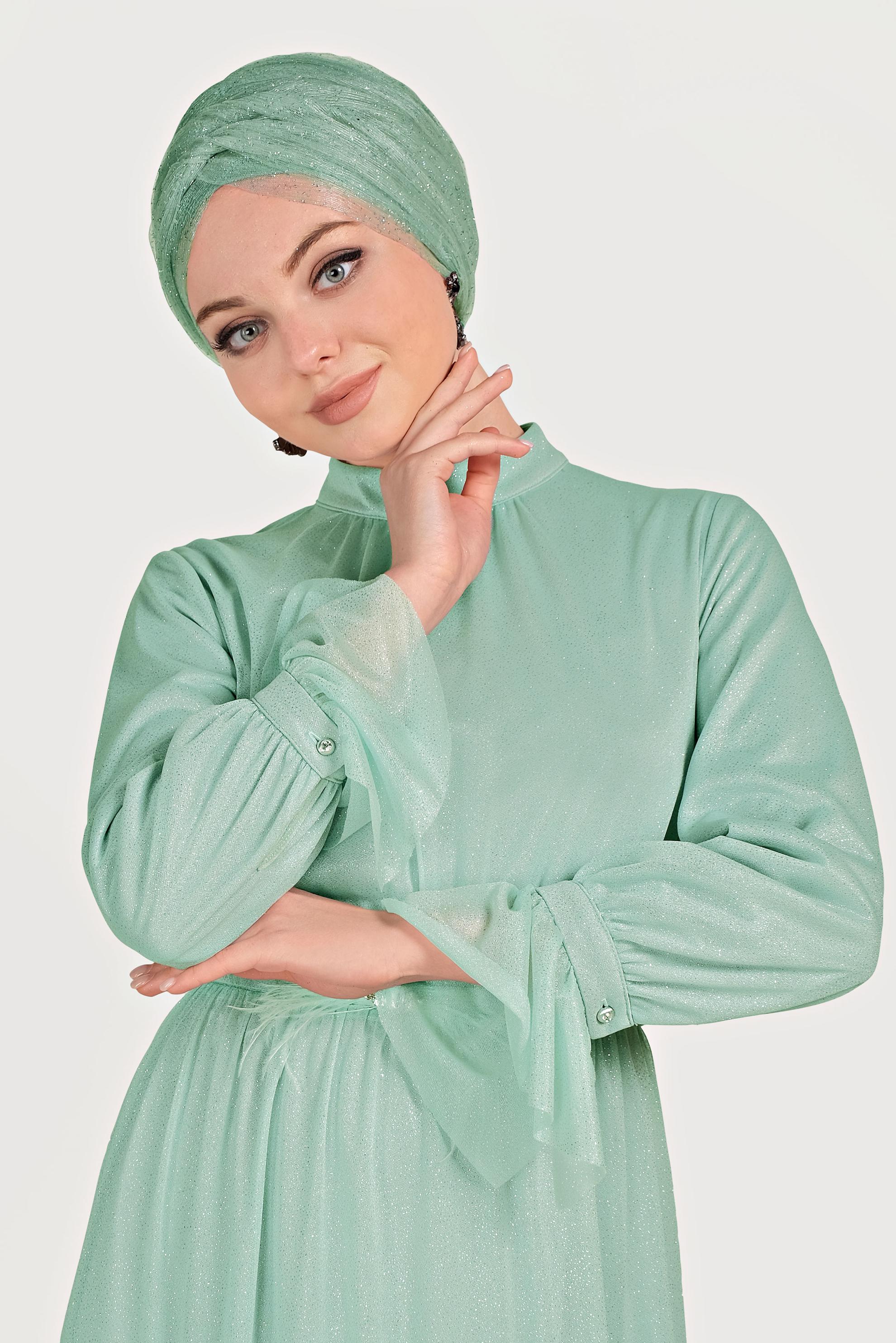 Tesettür giyim YEŞİL KOL FIRFIR DETAYLI ABİYE ELBİSE 50002