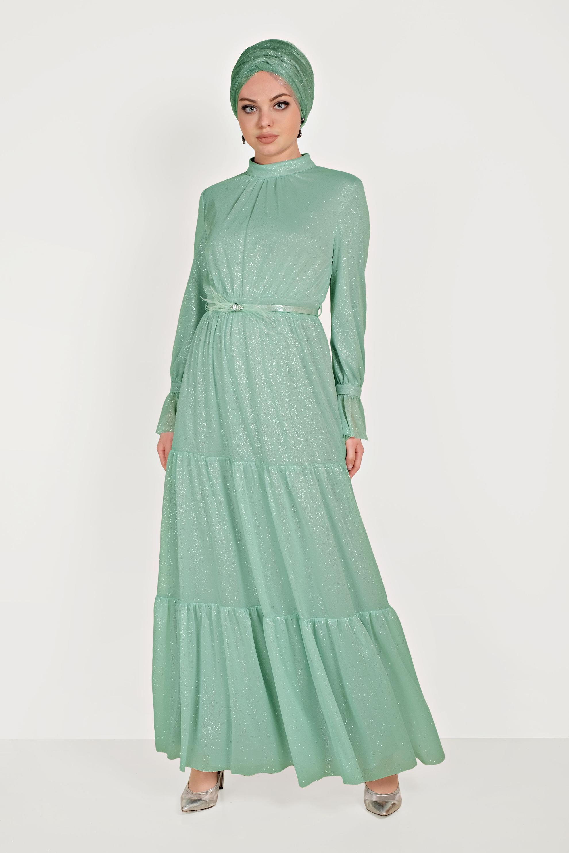 Tesettür giyim YEŞİL KOL FIRFIR DETAYLI ABİYE ELBİSE 50002