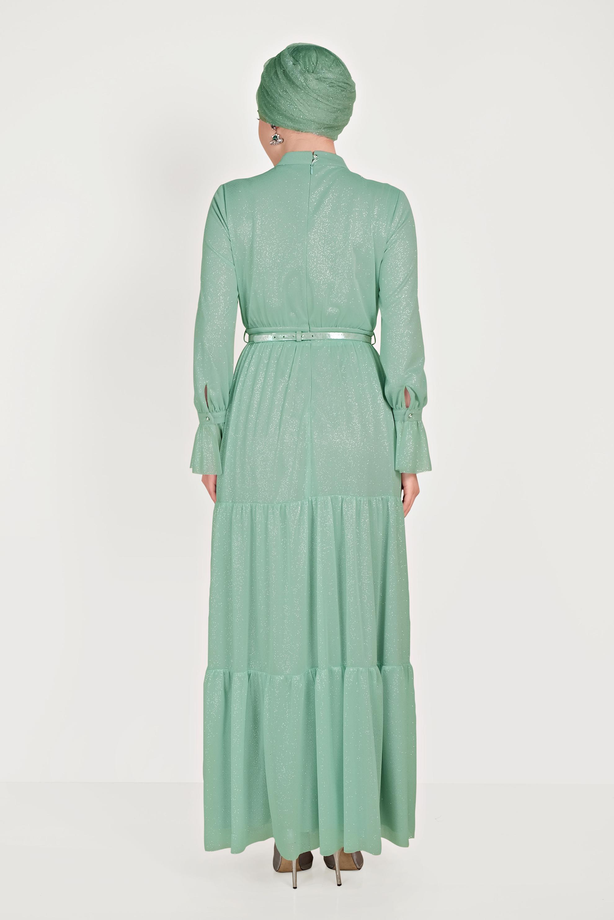 Tesettür giyim YEŞİL KOL FIRFIR DETAYLI ABİYE ELBİSE 50002