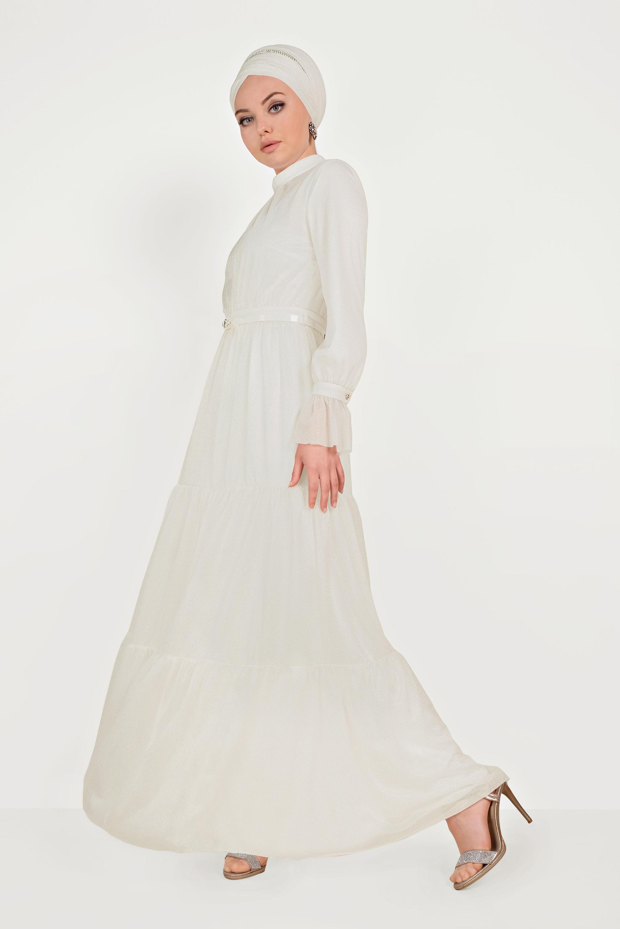 Vêtements hijab BEIGE ROBE DE SOIRÉE DÉTAIL VOLANT 50002