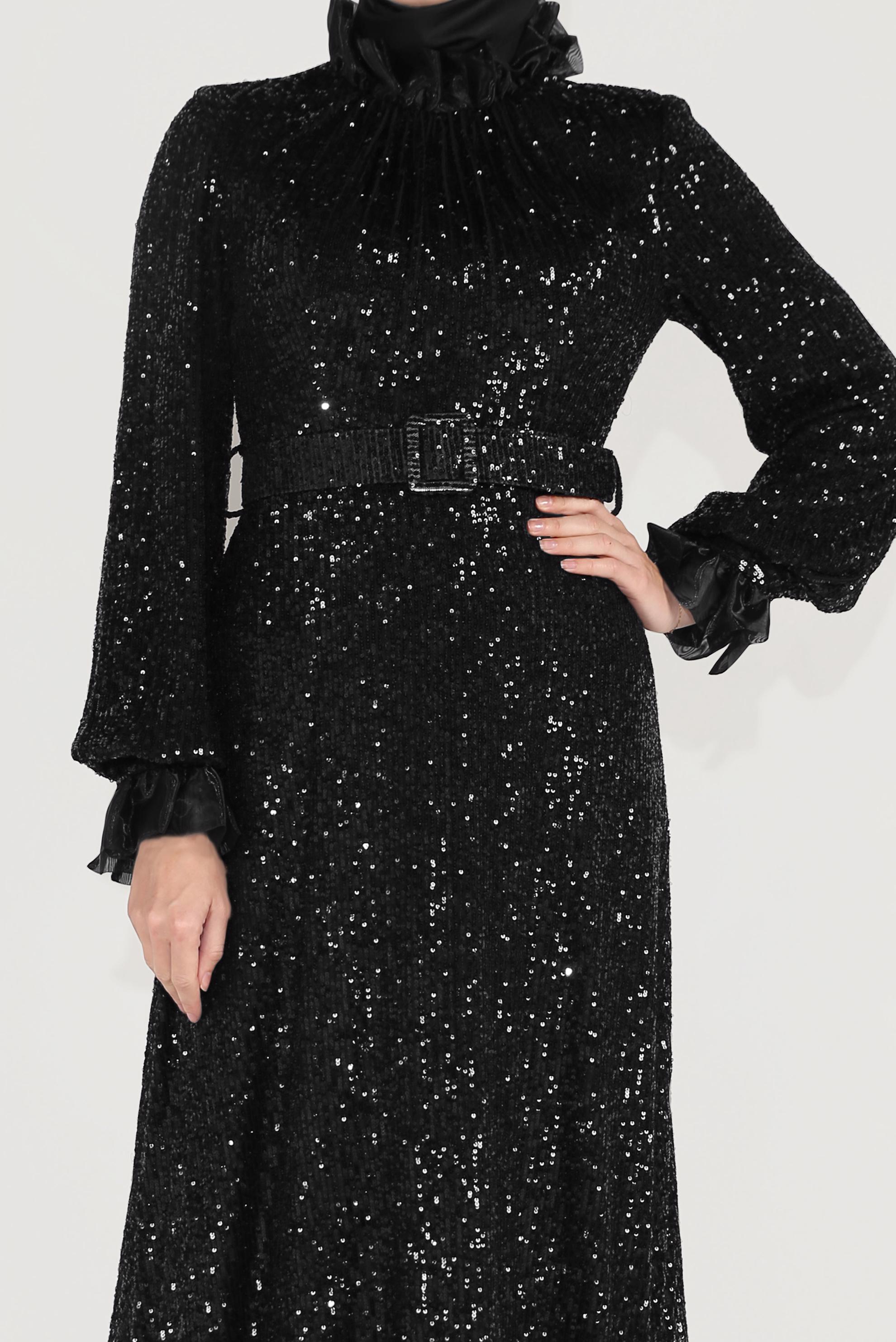 Tesettür giyim SİYAH PUL PAYETLİ ABİYE ELBİSE 50004