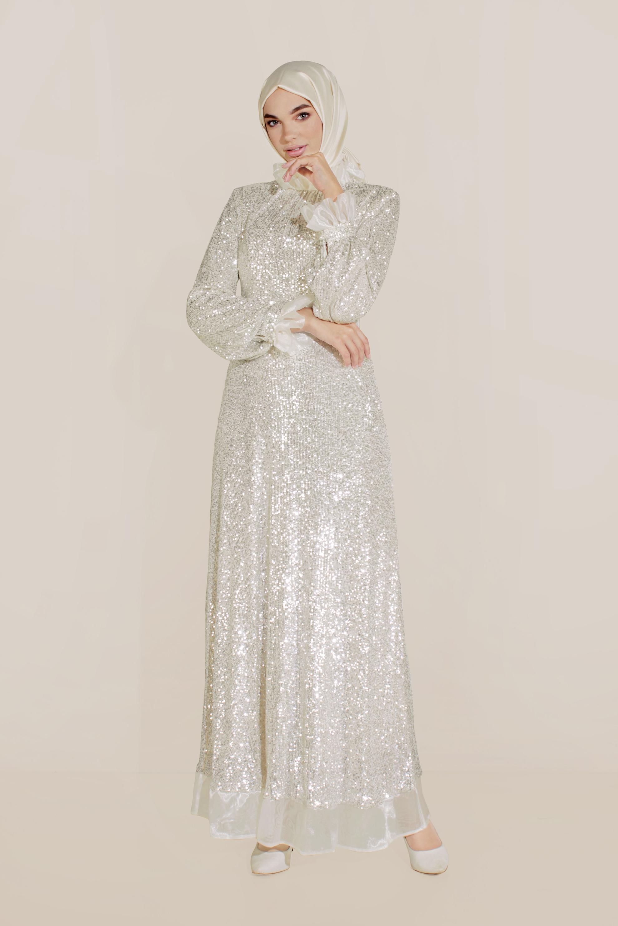 Tesettür giyim EKRU PUL PAYETLİ ABİYE ELBİSE 50004