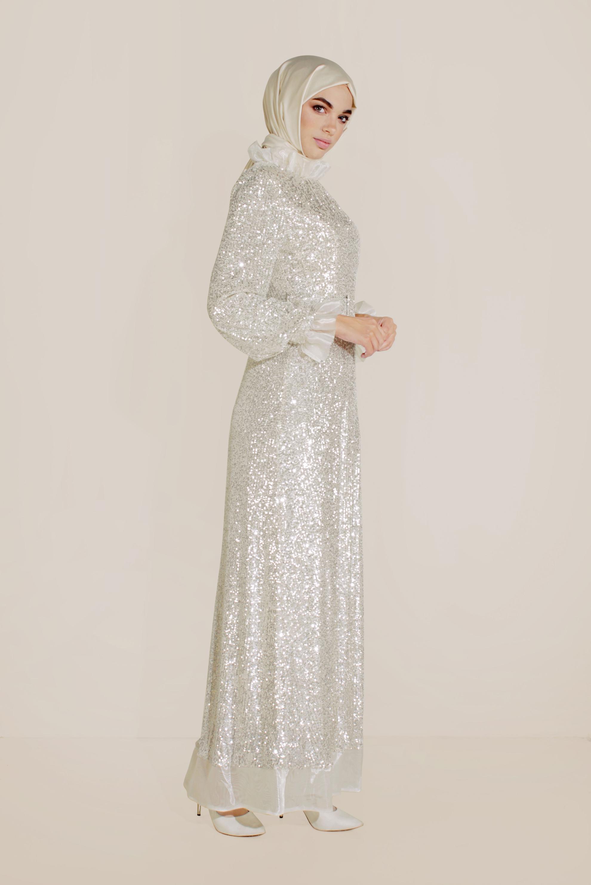 Tesettür giyim EKRU PUL PAYETLİ ABİYE ELBİSE 50004