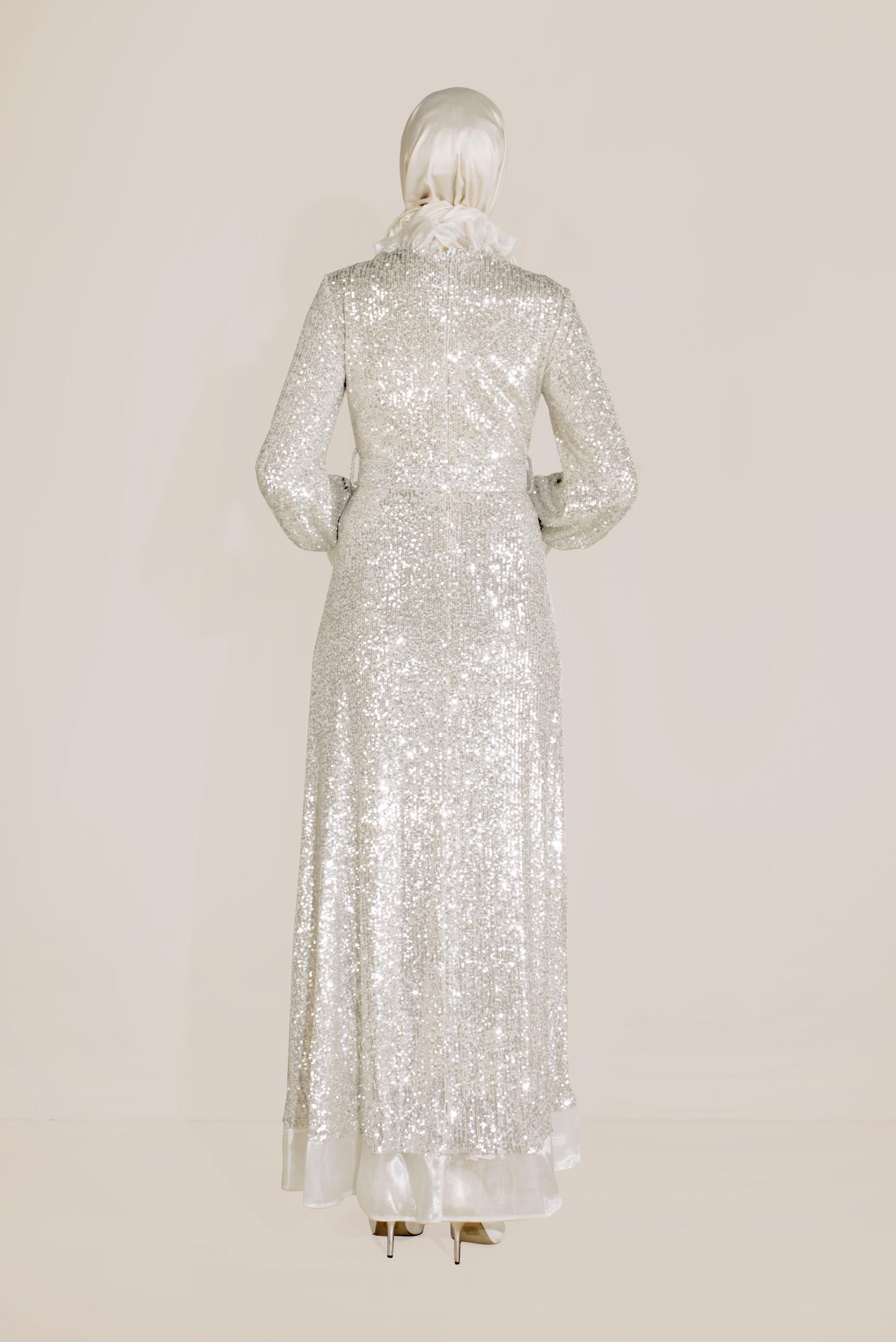 Tesettür giyim EKRU PUL PAYETLİ ABİYE ELBİSE 50004