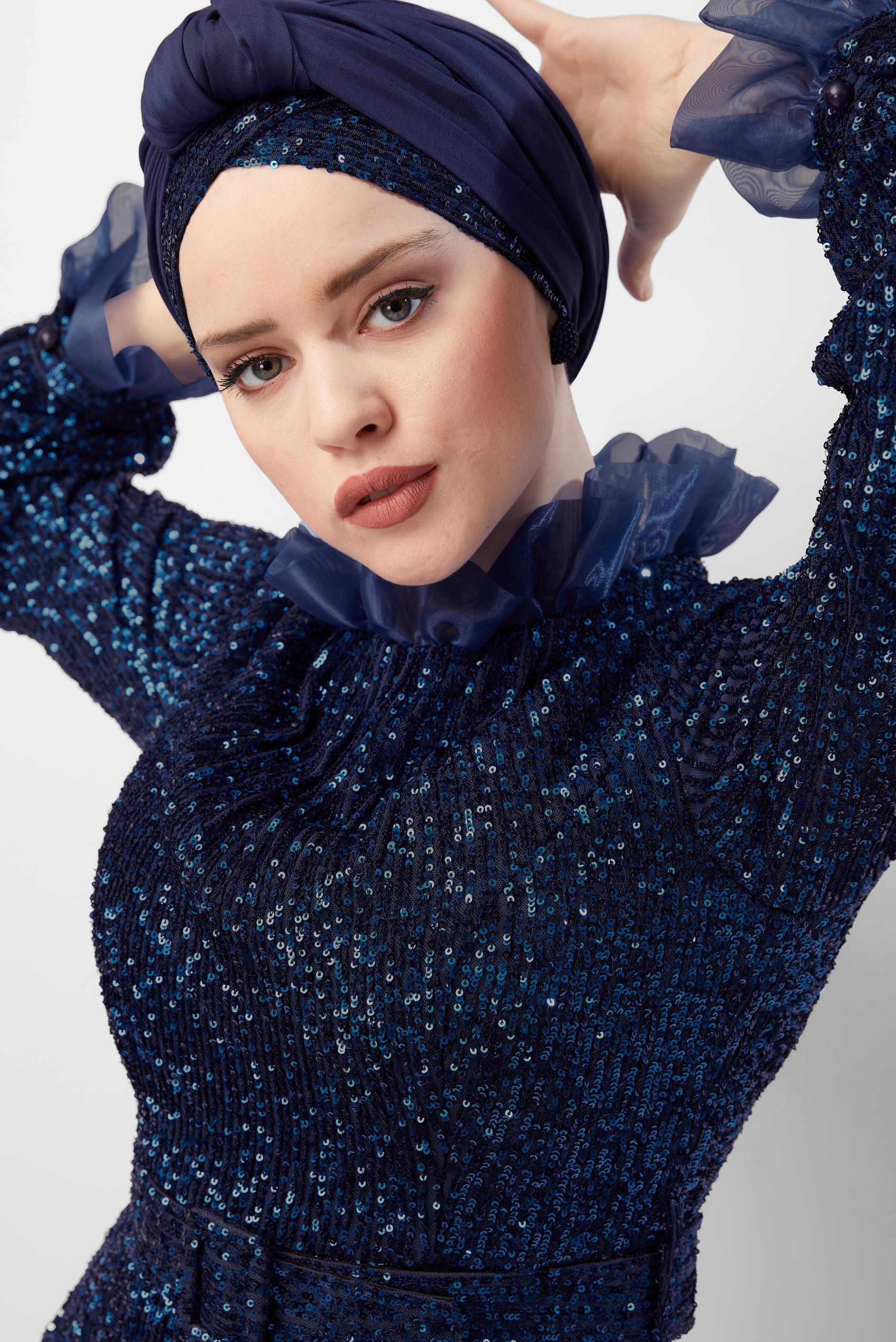 Tesettür giyim LACİVERT PUL PAYETLİ ABİYE ELBİSE 50004